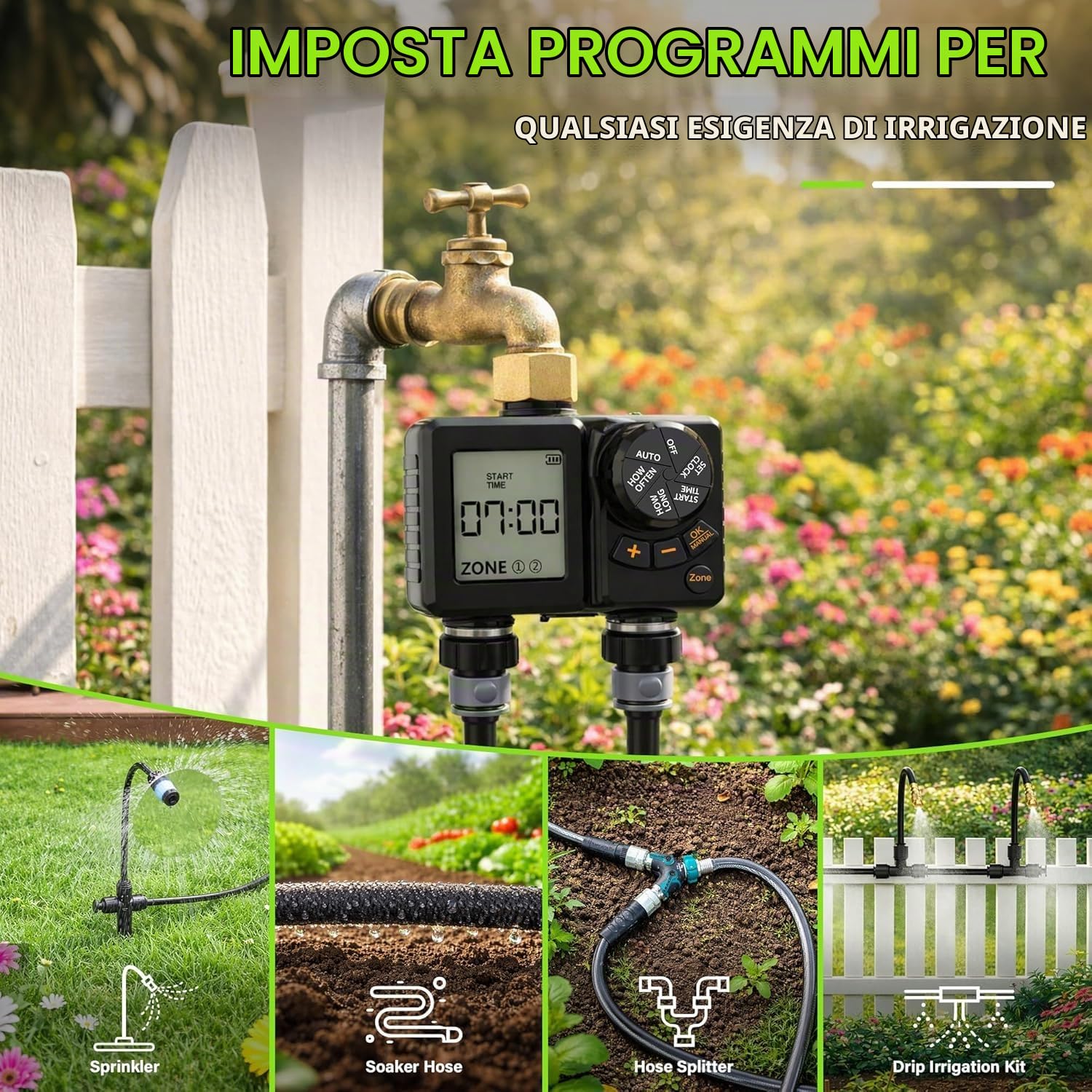 Timer Irrigazione 2 Vie, 2000mAh Ricaricabile Temporizzatore Irrigazione IPX6 Impermeabile Programmatore Irrigazione con Ottone, 2.8" LCD, Ritardo Pioggia,Irrigazione Automatica e Manuale per Giardino