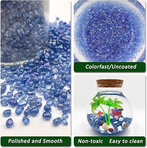 BXI 2.2 Lbs Small Aquarium Substrate Gravel Sand, Polished Smooth Fish Tank Gravel, Colorfast Uncoated Vibrant Blue Sea Glass, Decorative Stones for Vase Fillers, Fairy Garden, Potted Plants(Multicolored Light Blue,2.2 lbs- 0.12''-0.24''(Small))