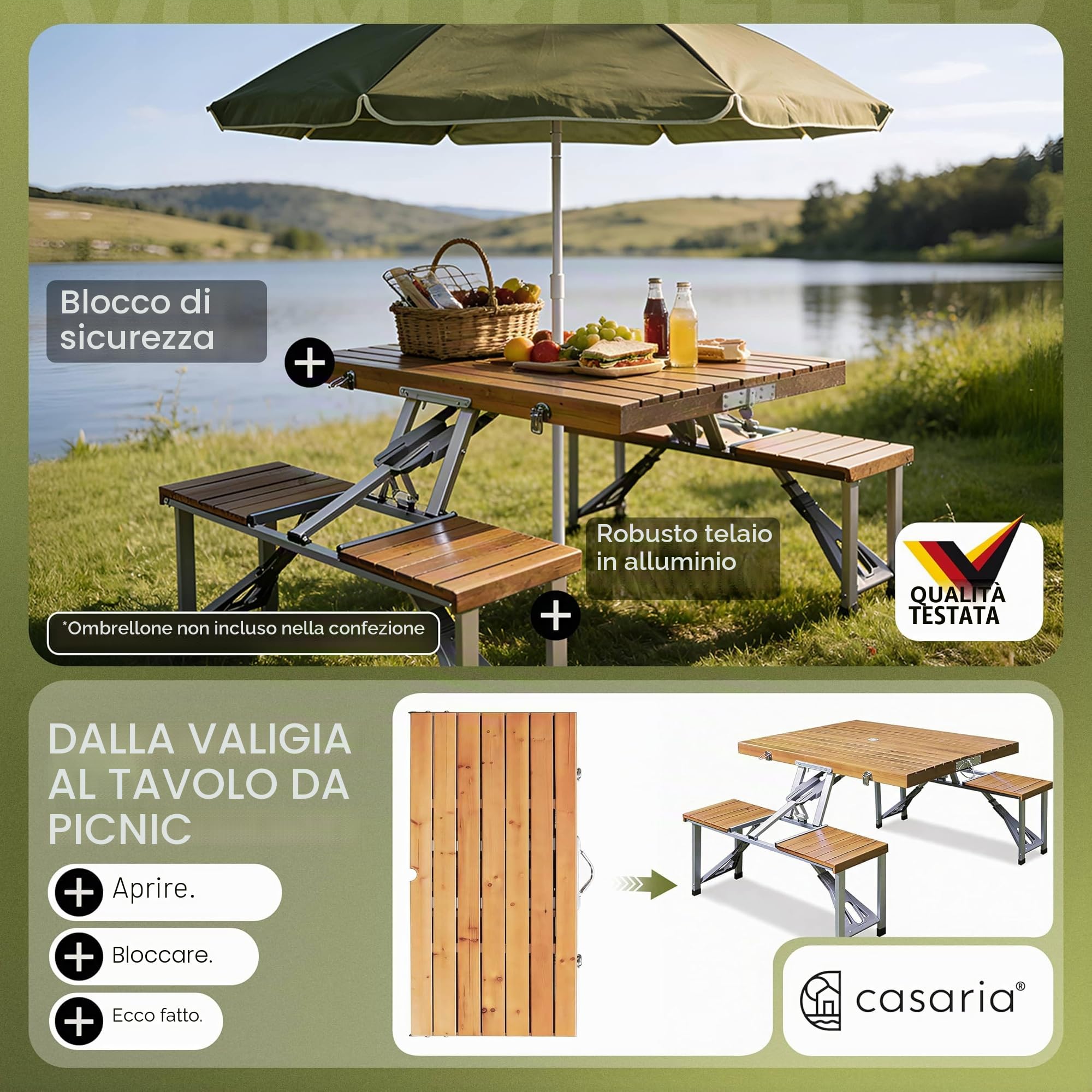 Deuba Casaria Tavolo Pieghevole con 2 Panche Set da Campeggio Picnic Portatile a Valigetta in Alluminio con Foro Ombrellone Maniglia per Trasporto 4 Posti Mare Spiaggia