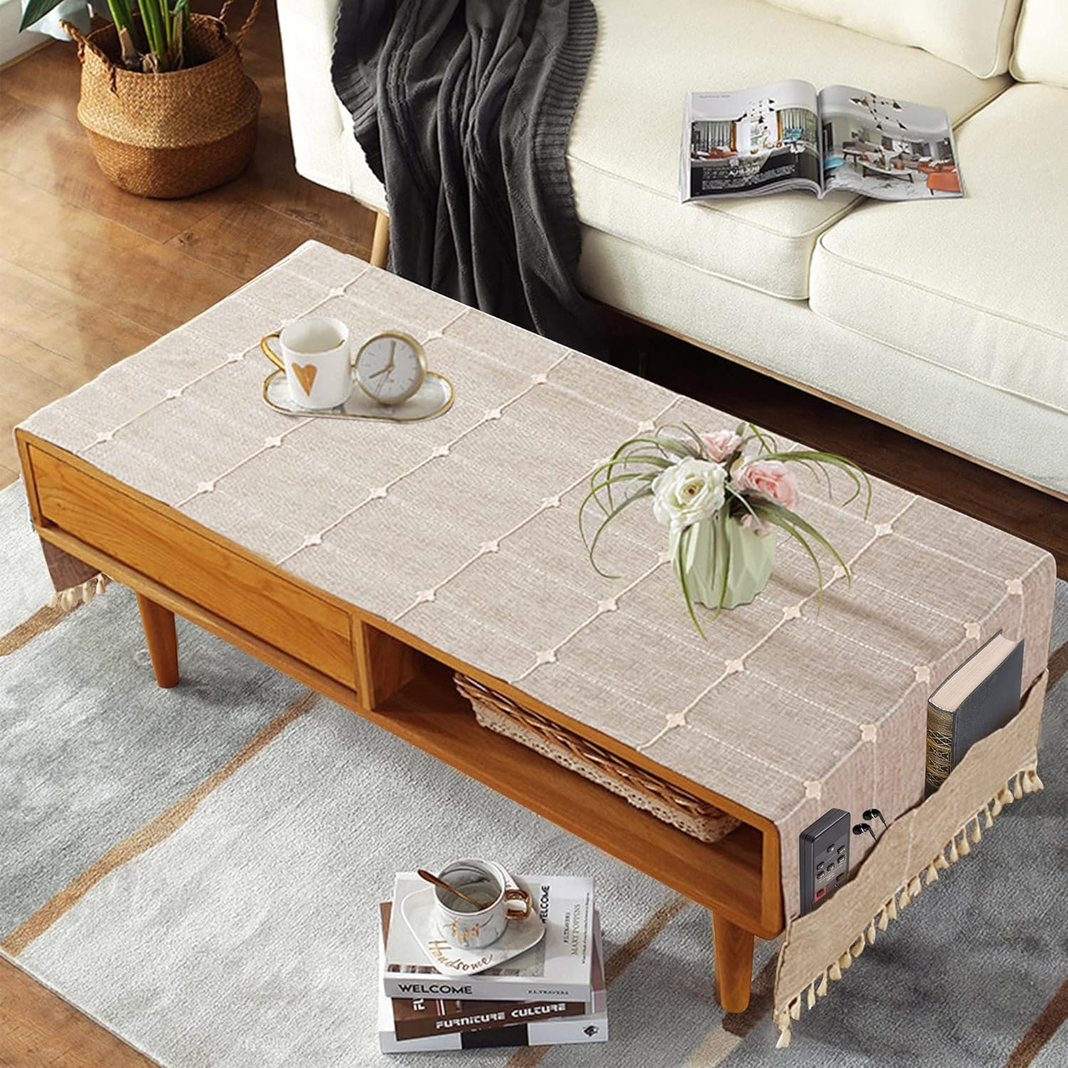 Coffee Table Cloth, Boho Coffee Table Cover for Living Room Tablecloth Cover with Pockets & Tassel, Rectangle Striped Coffee Tablecloths Washer Dryer Fridge Top Dust Cover - 20x57inch
