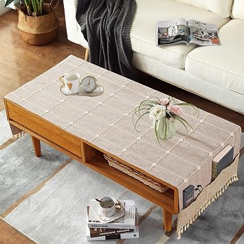 Coffee Table Cloth, Boho Coffee Table Cover for Living Room Tablecloth Cover with Pockets & Tassel, Rectangle Striped Coffee Tablecloths Washer Dryer Fridge Top Dust Cover - 20x57inch