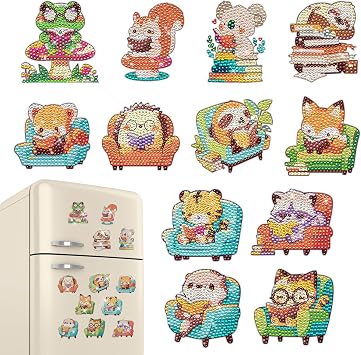 INCOK Reading Diamond Art Magnets Refrigerator - 12 PCS DIY Cute Animal Diamond Painting Fridge Magnets Tiger Squirrel Cat Fox Frog Gem Art Craft Home Decors Birthday Gift for Adults Beginners