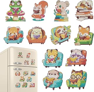 INCOK Reading Diamond Art Magnets Refrigerator - 12 PCS DIY Cute Animal Diamond Painting Fridge Magnets Tiger Squirrel Cat Fox Frog Gem Art Craft Home Decors Birthday Gift for Adults Beginners