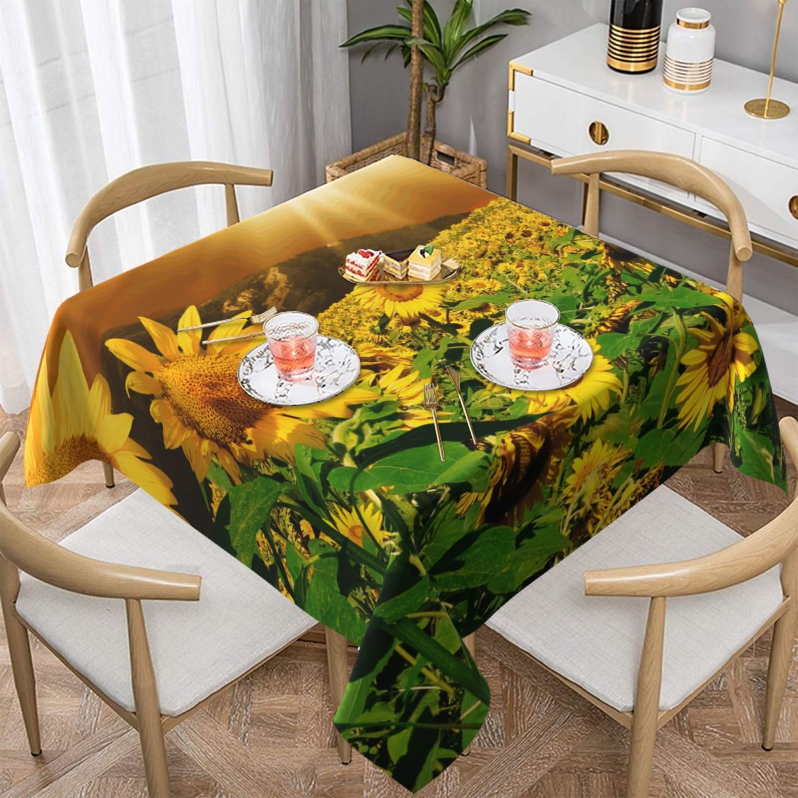 DCEHGEW Yellow Sunflower Blooming Prints Square Tablecloth 137x137 CM, Waterproof Fabric Table Cloth for Dining Table, Farmhouse Table Cover for Kitchen Dining Tabletop Decoration