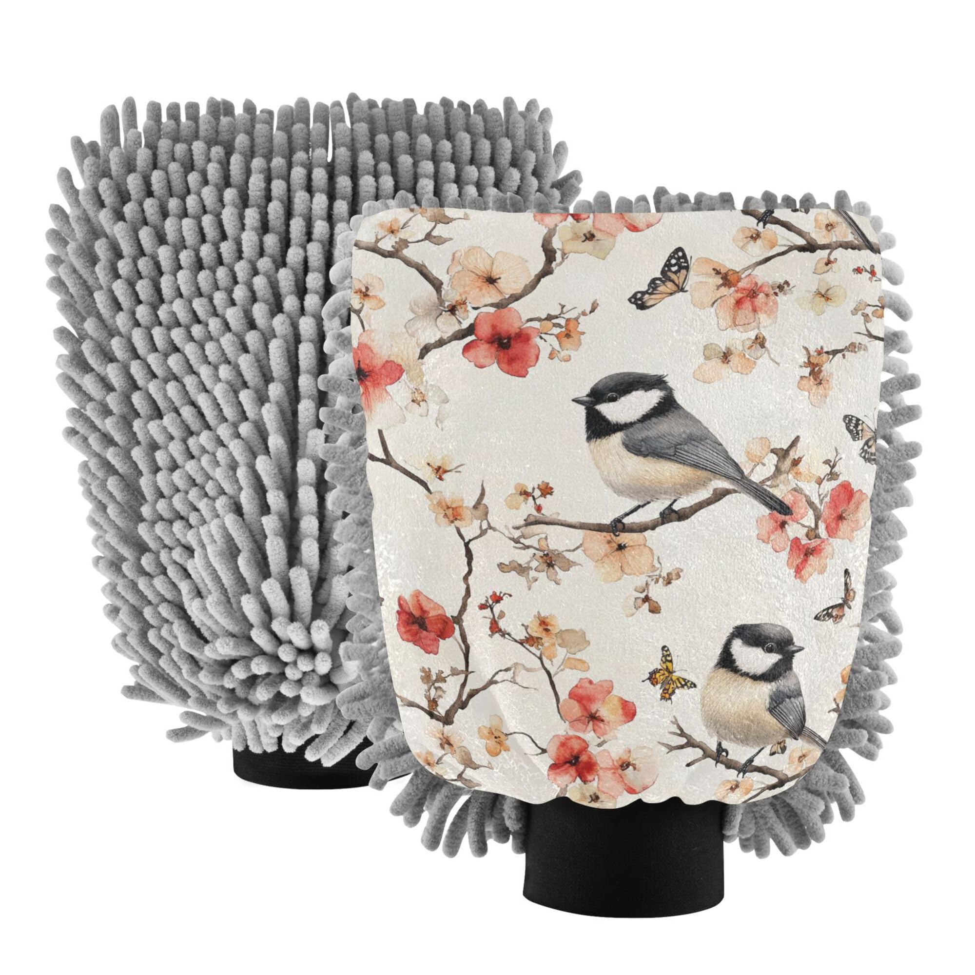 Aesthetic Black-Capped Chickadee Birds Wash Mitten for Cars 11.8'' Car Washing Gloves Scratch-Free Cleaning Mitten for Auto Cleaning