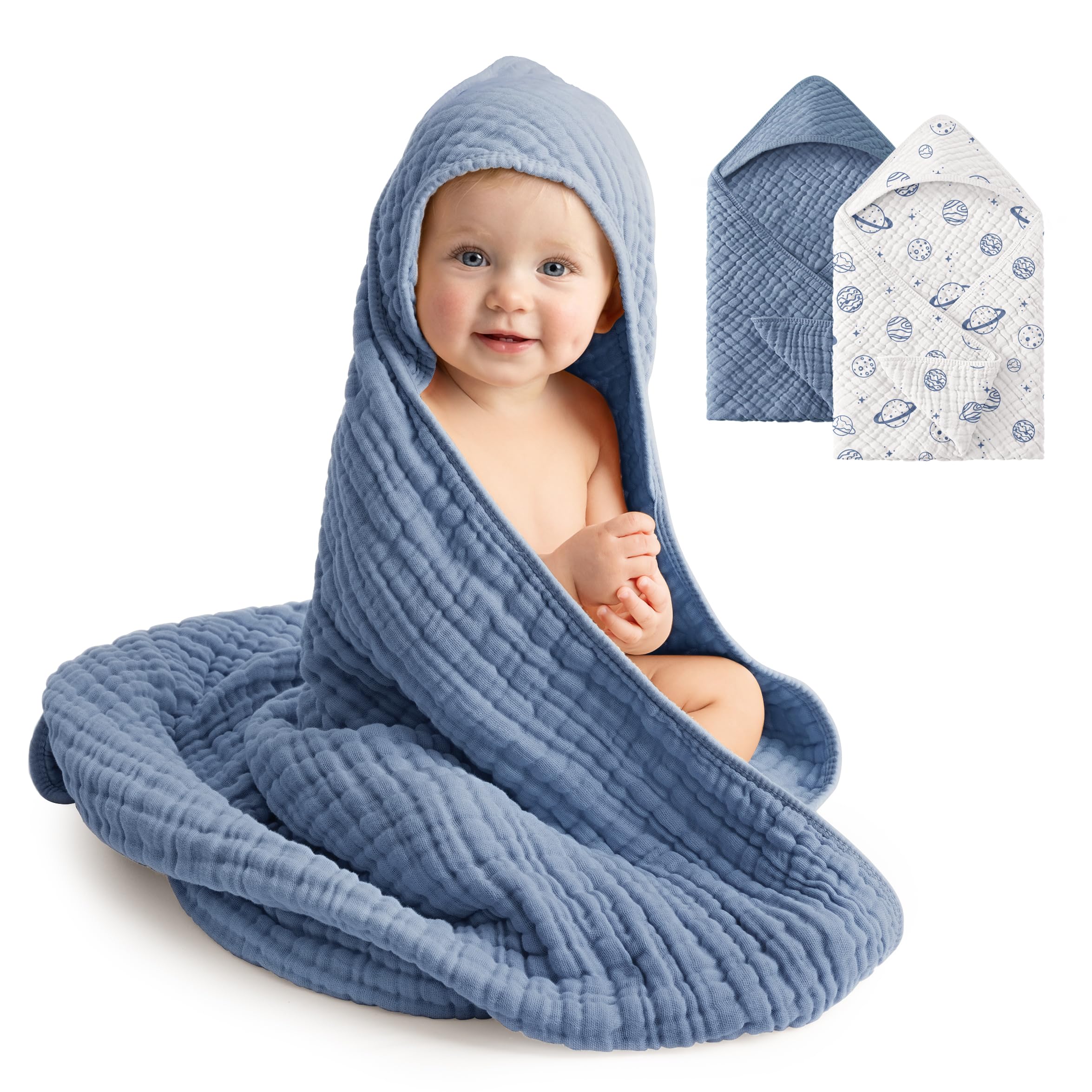 FIEMOL Baby Bath Towels, 100% Muslin Cotton Hooded Baby Towels for Newborn, 2 Pack Baby Towels with Hood for Infant Toddler and Kids, Large 32x32Inch Unisex Bath Essentials, Soft and Absorbent