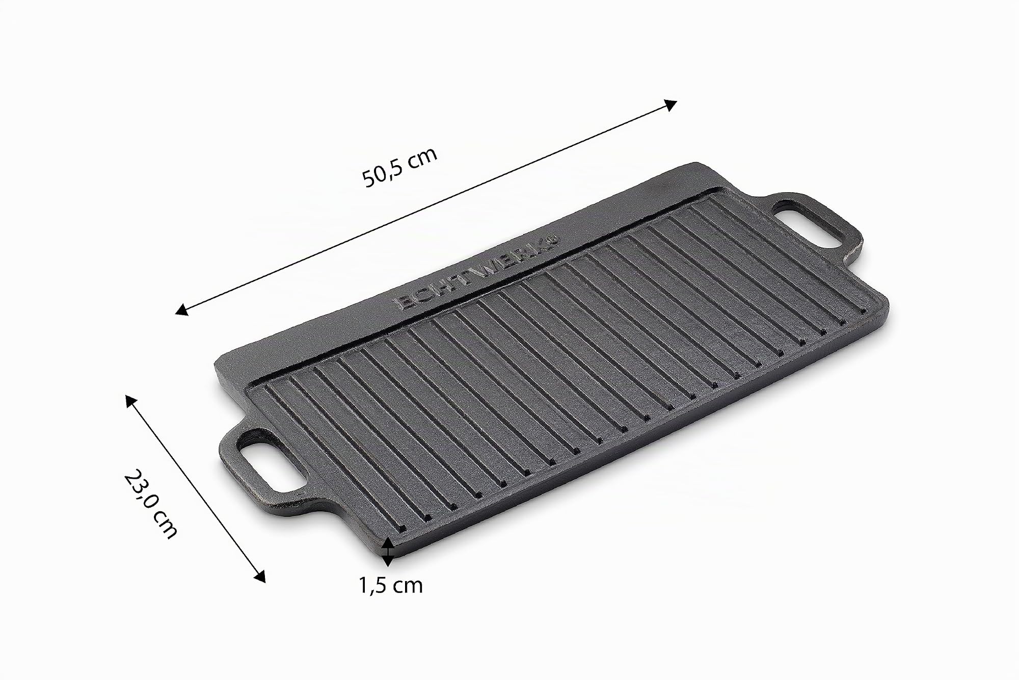 ECHTWERK Piastra grill BIG 50,5 × 23 × 1,5 cm in ghisa con 2 manici e rivestimento in smalto, padella/piastra grill per caminetti, falò, forno o fornelli