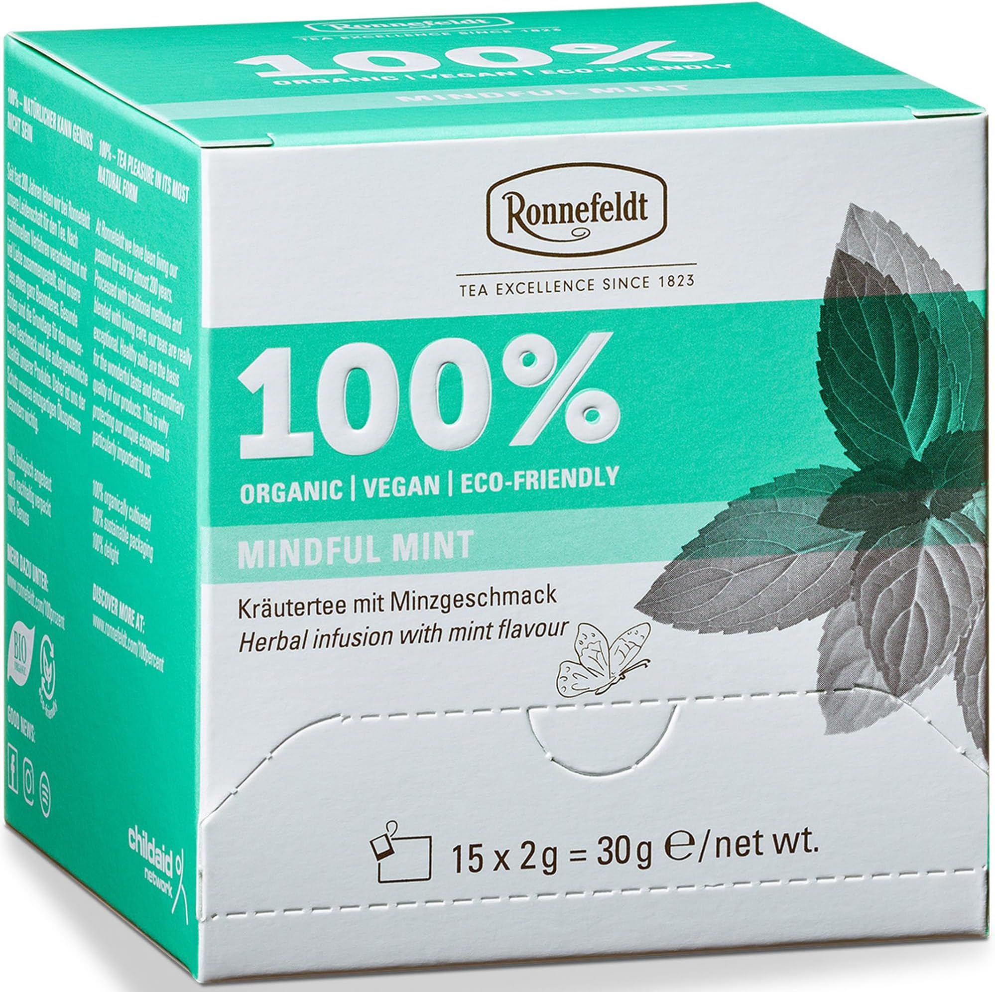 100% Mindful Mint – German Herbal Tea with Mint, Spearmint & Peppermint – Loose Leaf in 15 Individually Wrapped Bags – Naturally Caffeine-Free
