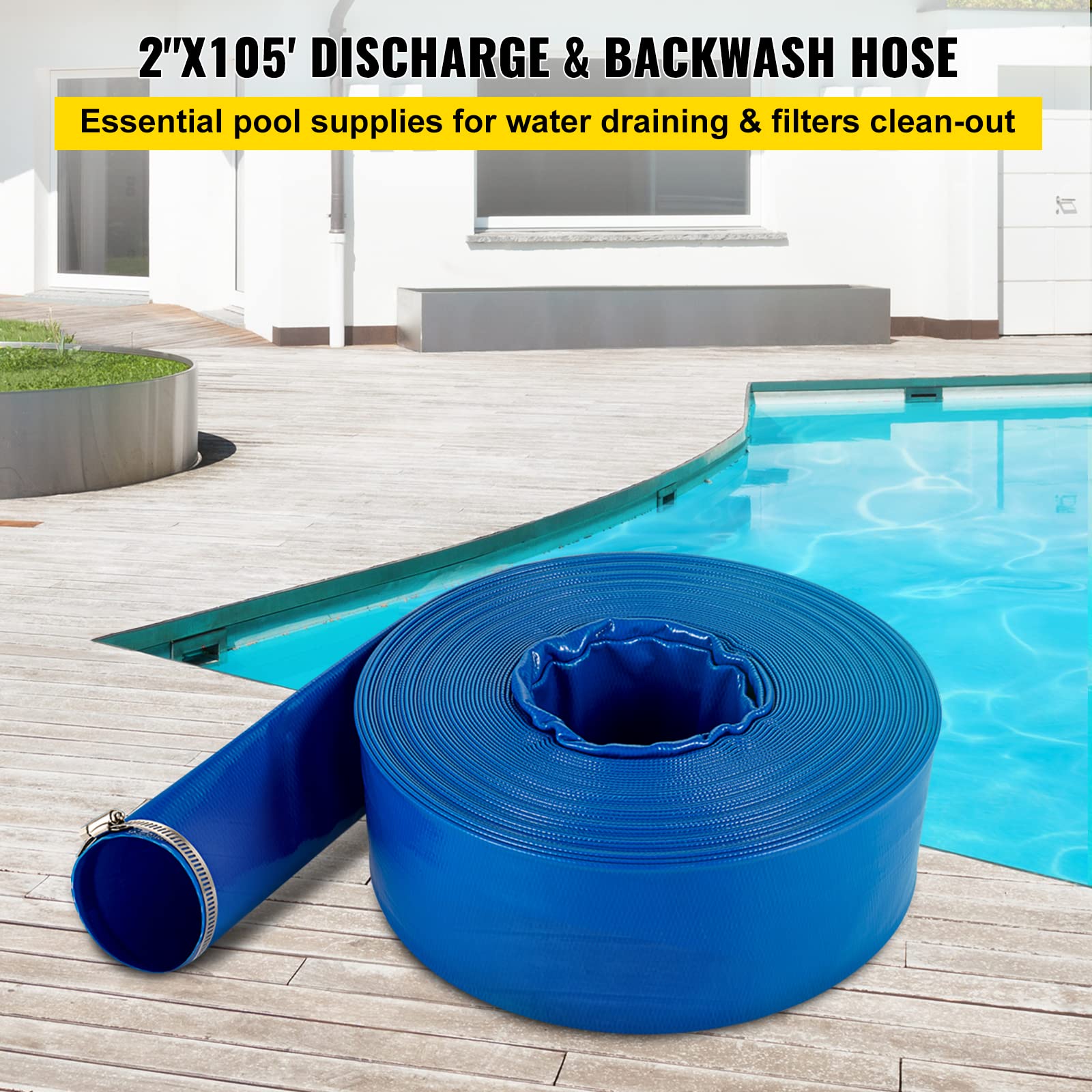 VEVOR Tubo di Scarico, 2" x 105', Tubo Piatto in Tessuto PVC, Tubo di Scarico per controlavaggio, Resistente alle intemperie e allo Scoppio, Ideale per Piscine e trasferimento dell'Acqua, Blu