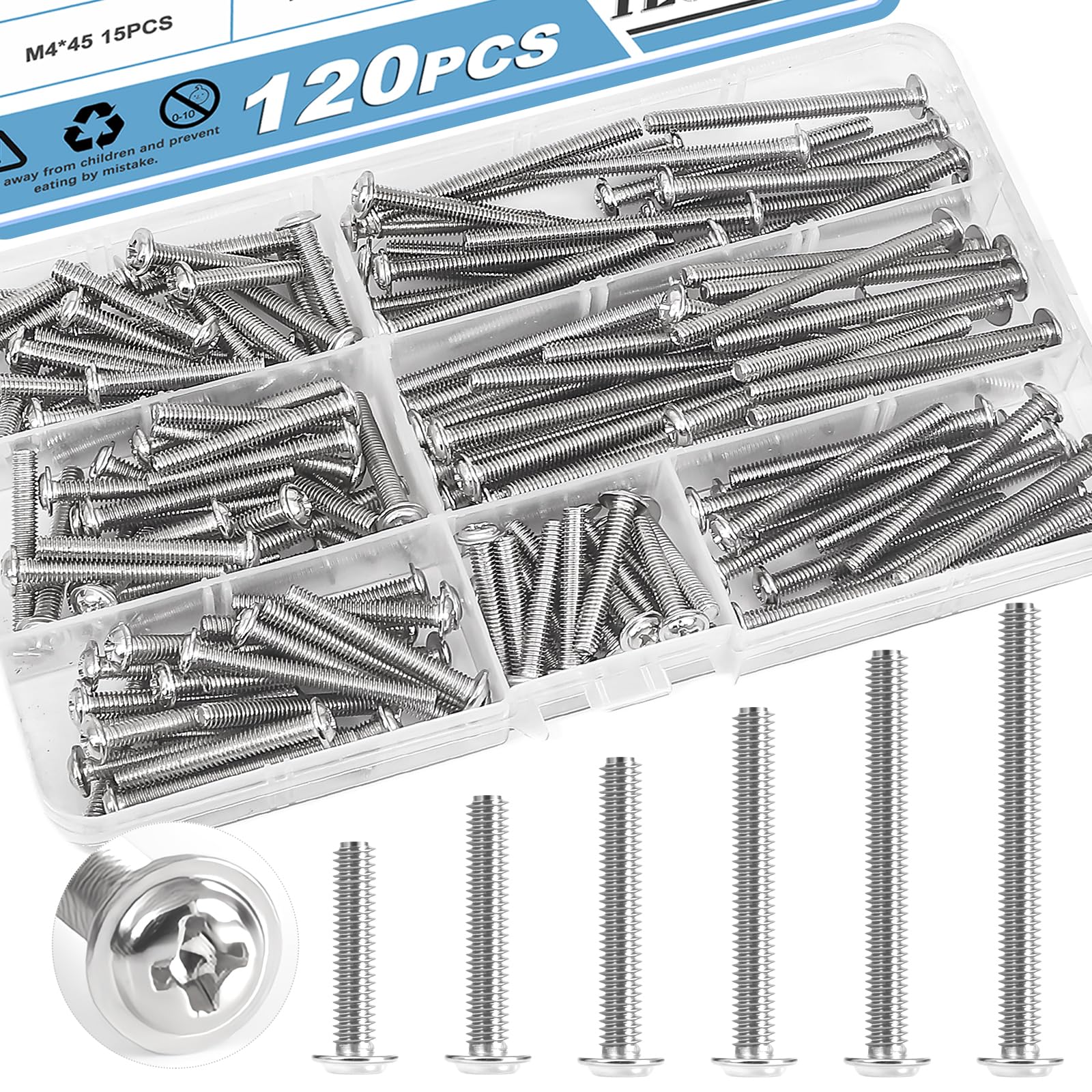120PCS Cabinet Pulls Knobs Screws,M4 Machine Screws Assortment, M4×25/30/35/40/45/50mm Pan Washer Head Metal Phillips Screws Kit for Kitchen,Bathroom,Furniture Handles Install