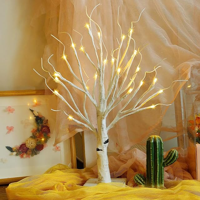2FT Lighted Birch Tree for Tabletop, Birch Christmas Tree with Lights, Warm White 24 LEDs Birch Tree Light for Christmas Decorations Indoor Bedroom Home Wedding Holiday Thanksgiving Gifts