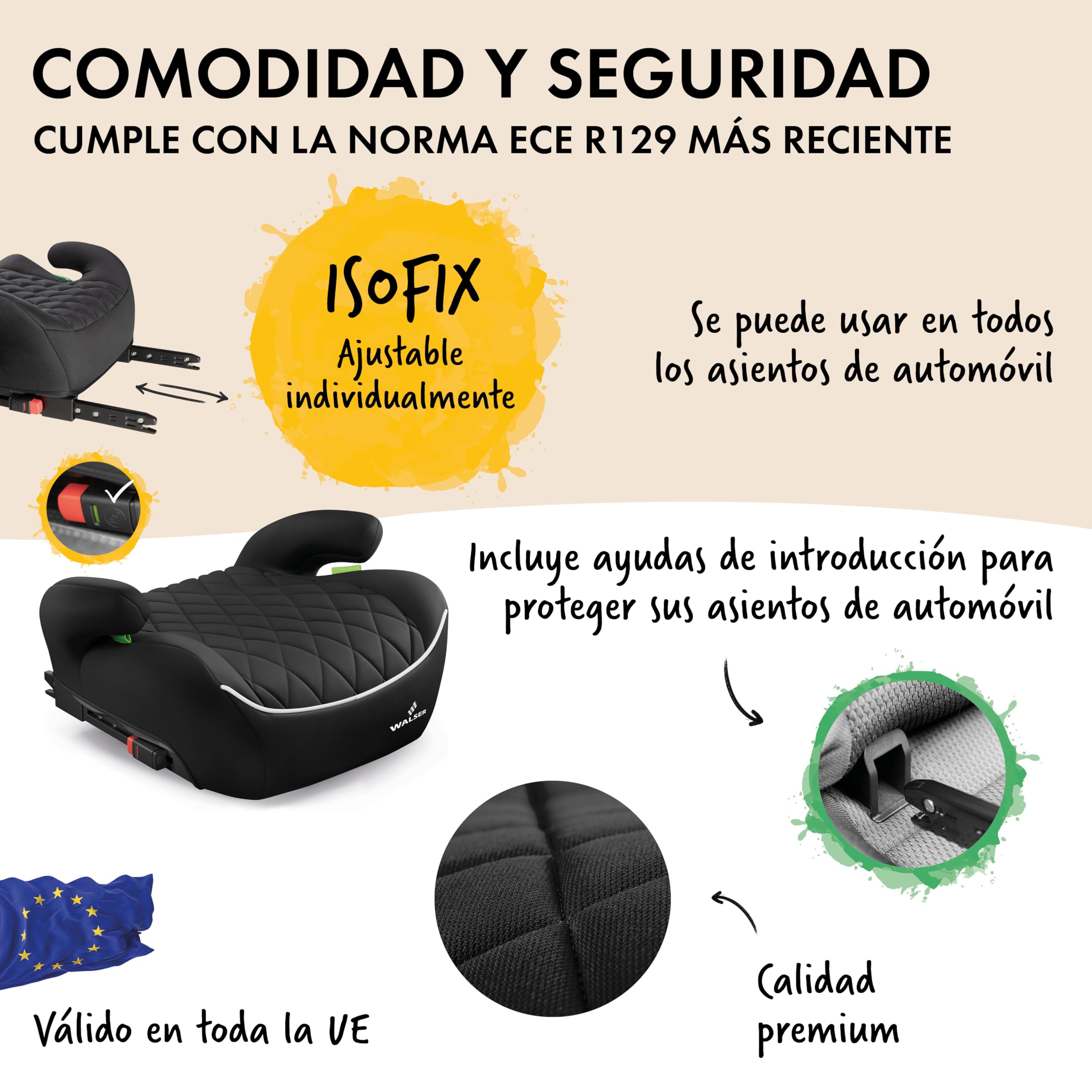 WALSER Premium asiento elevador infantil coche ISOFIX, asiento infantil coche 125-150 cm, plaza elevador niños auto Andy última norma 2024 ECE R 129 negro