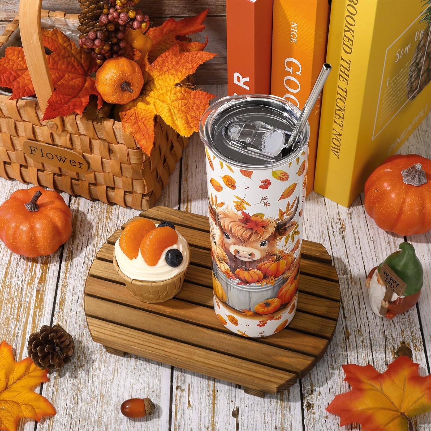 Whaline Fall Highland Cow Tumbler with Lid and Straw Fall Pumpkin Leaves Cow Stainless Steel Cup Autumn Tumbler Cup for Thanksgiving Decor Gift Supplies - Image 4
