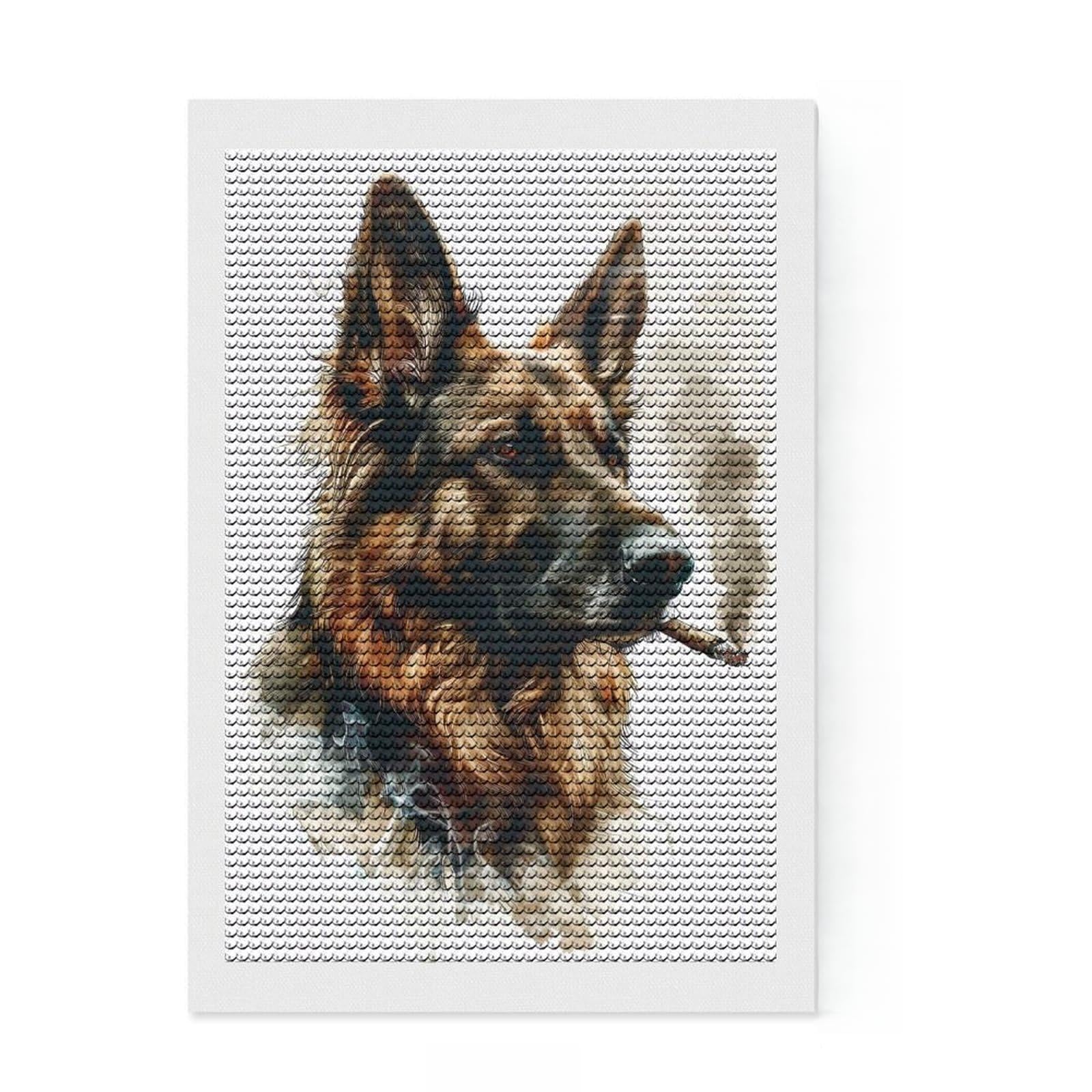 Junmoney Smoking German Shepherd Diamond Painting Kit 8"x12", Decorate Your Room, Neat Printed Canvas, Adhesive Canvas, Bedroom Decor