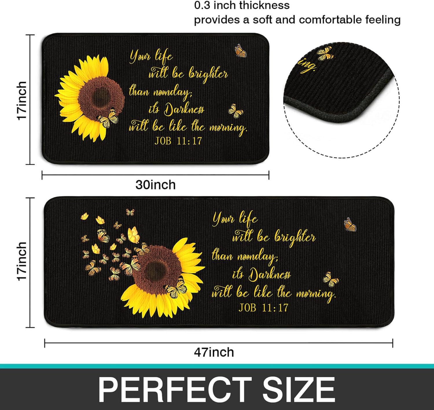 2 Pieces Sunflower Bible Verse Kitchen Decoration Rug Set, Waterproof Kitchen Mat and Runner Rugs Washable for Kitchen Sink, Sunflower Decor Indoor 17" x 47" + 17" x 30" (Black 2)