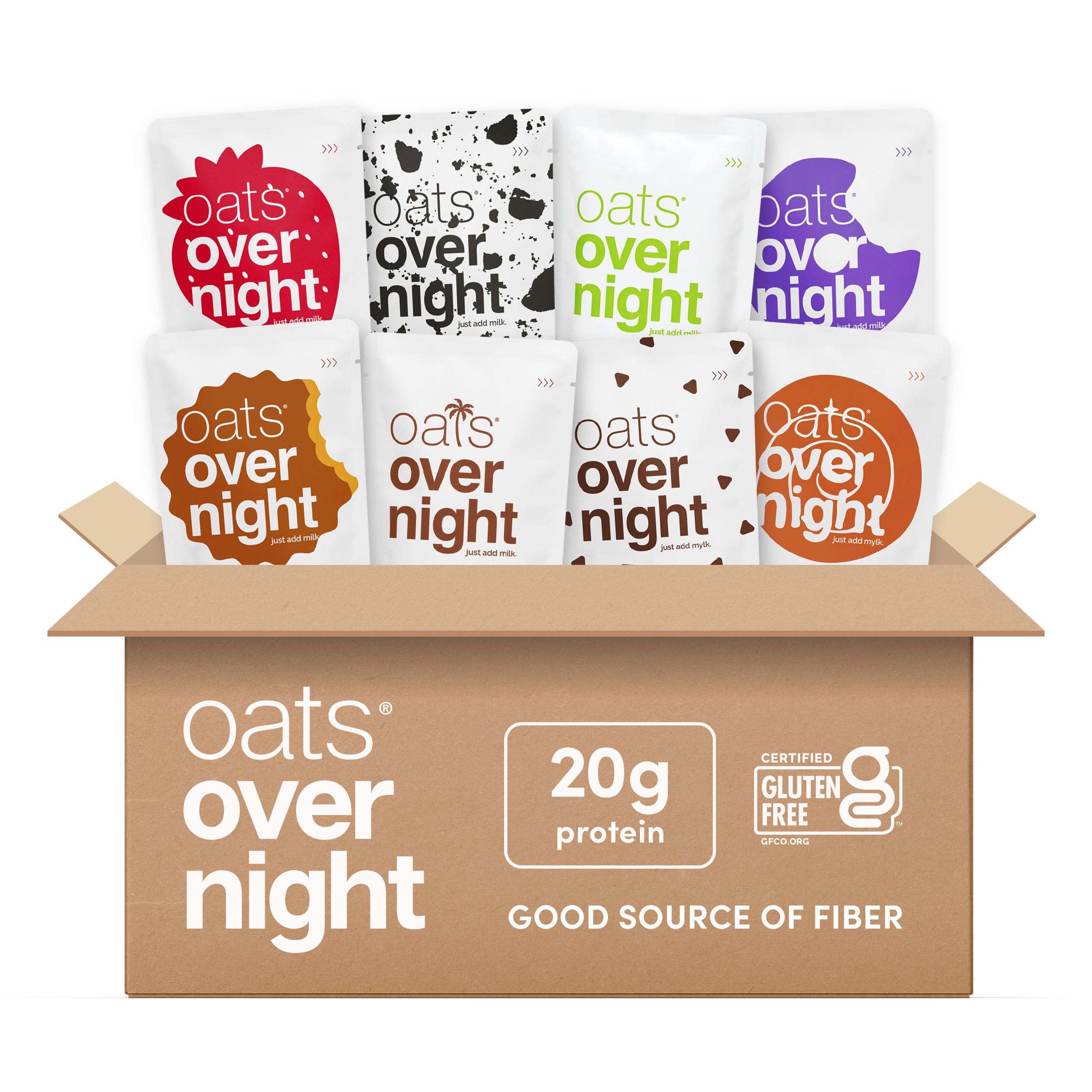 Oats Overnight Party Variety Pack - High Protein, High Fiber Breakfast Protein Shake - Gluten Free Oatmeal, Non GMO Oatmeal - Cookies & Cream, Coconut Cream Pie & More Flavors (8 Pack)