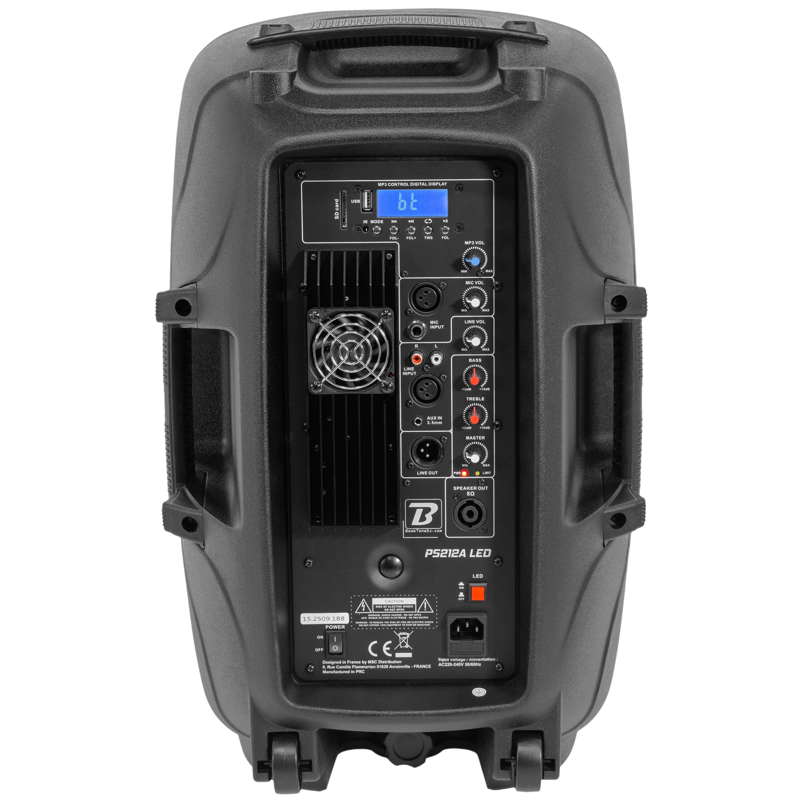 BoomToneDJ PS212A Zestaw LED - zestaw 2 głośników 12'', statyw, mikrofon, USB/SD, Bluetooth, radio FM i LED, na imprezy, wesela, szkoły i stowarzyszenia