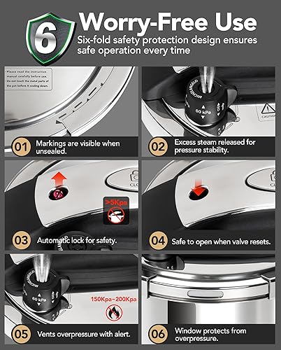 Miniatura 4 de MICHELANGELO Stainless Steel Pressure Cooker 6.3 Quart, 3-in-1 Olla de Presion, One-Hand Locking System, Induction Compatible, with Glass Lid &
