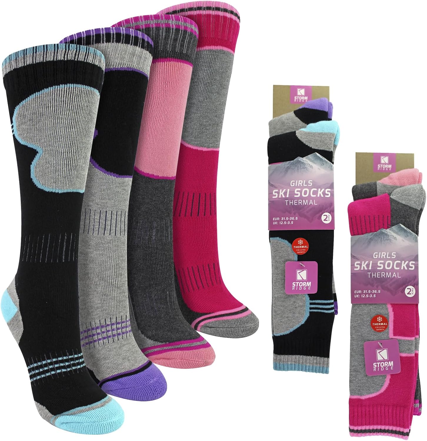 4 Pack Girls Ski Socks | Sock Snob | Thick Thermal Winter Socks for Kids