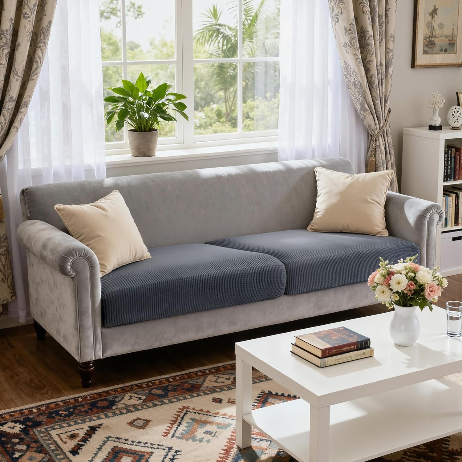 CHUN YI 2 Piece Couch Cushion Covers for Sofa Seat Slipcovers Suitable with Spandex Jacquard Washable Fabric (2 Piece Sofa Cushion Covers, Grey)