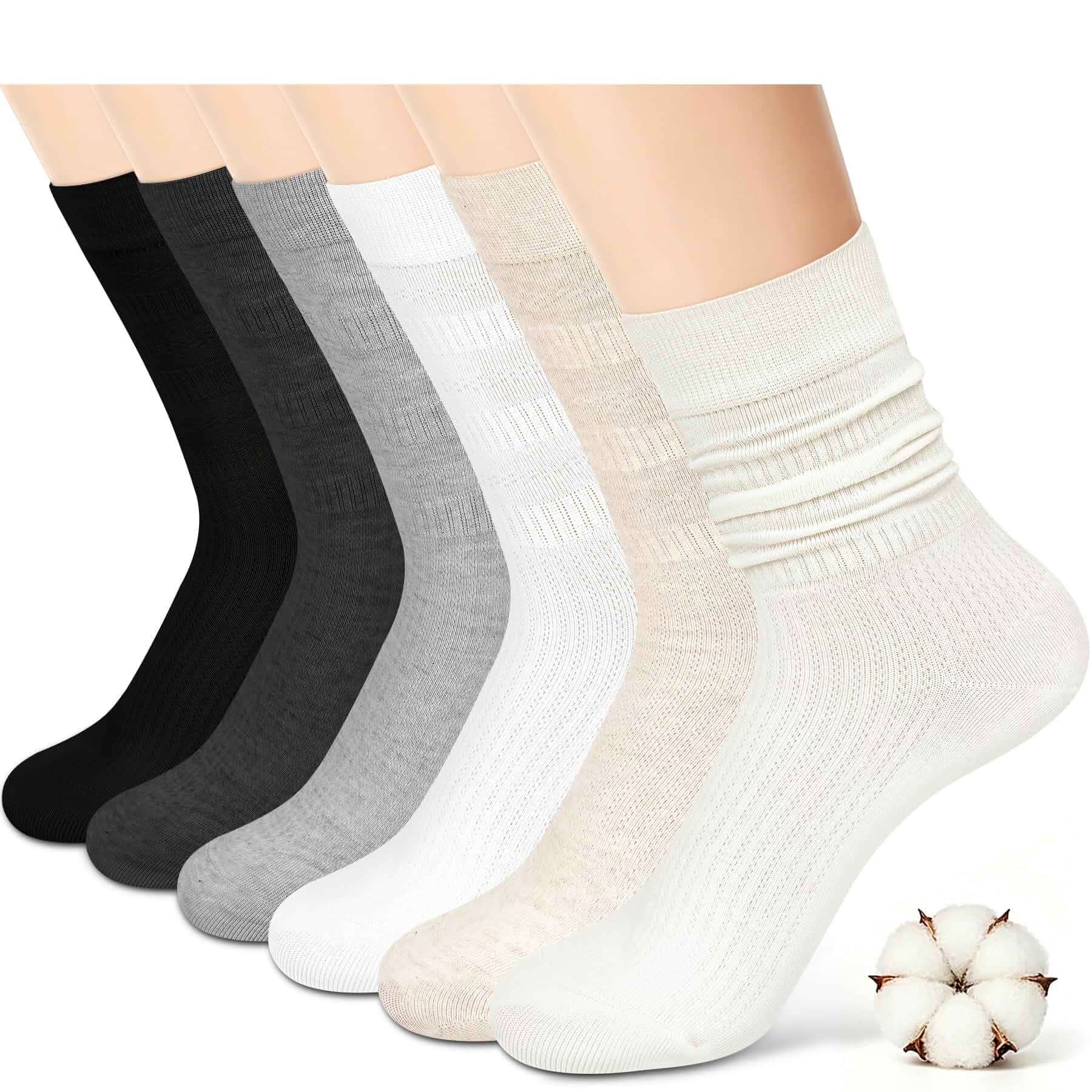 Iseasoo Women's Soft Cotton Dress Socks, Thin Trouser Breathable Calf Crew Scrunch Socks for Casual Ankle Socks 6 Pairs