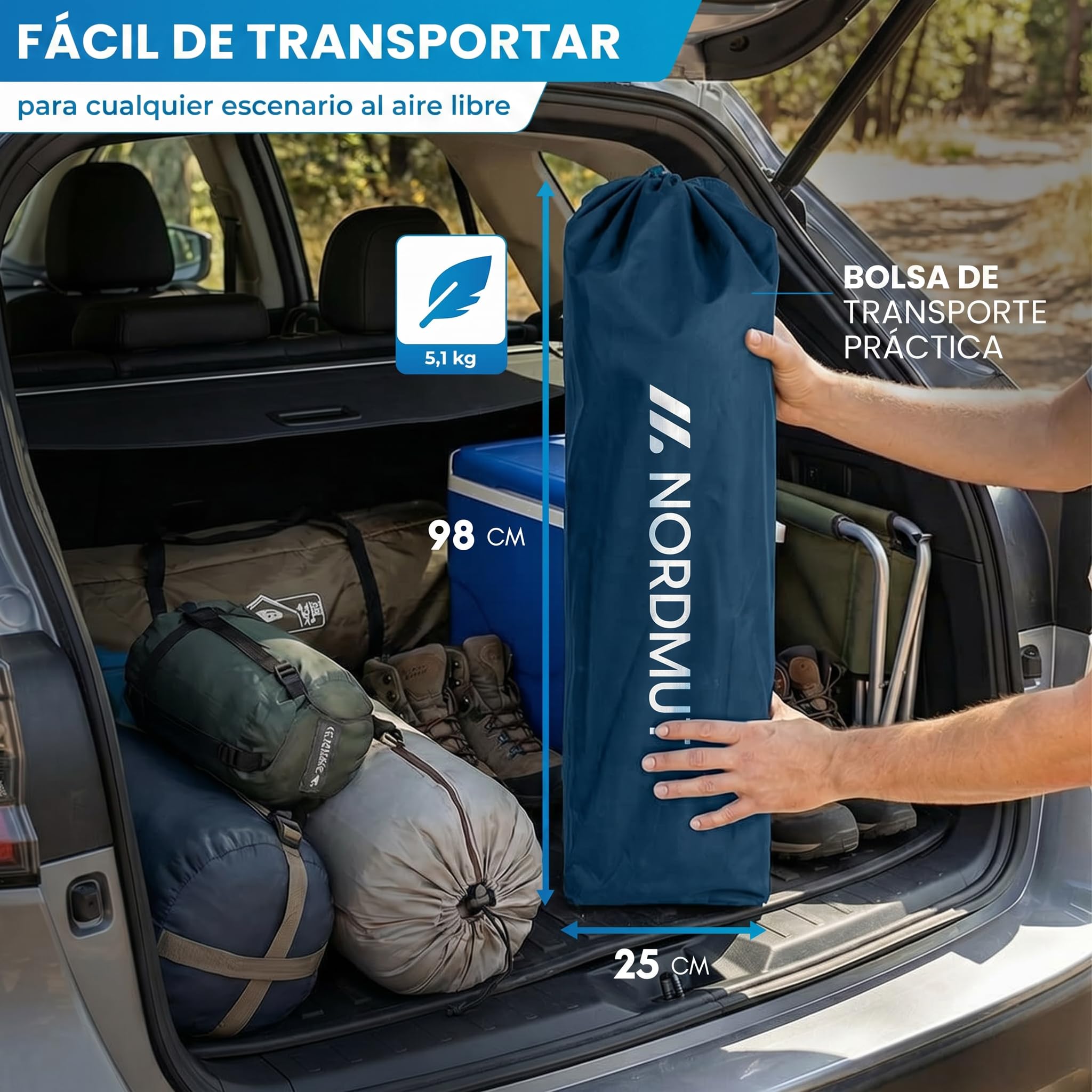 NORDMUT® Silla de Camping Plegable Ligera – Resistente con Capacidad de 200 kg – Cómoda Silla de Pesca con Bolsa térmica práctica y portavasos (Azul 1x)
