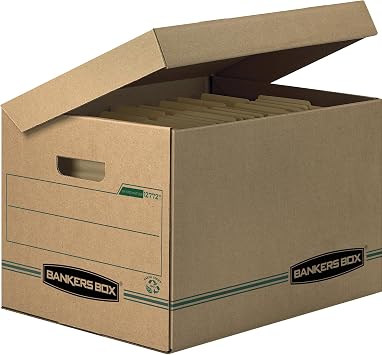 Bankers Box 12 Pack SYSTEMATIC Basic-Duty 100% Recycled File Storage Boxes, Standard Setup, Attached Flip Top Lid, Letter/Legal, Kraft/Green
