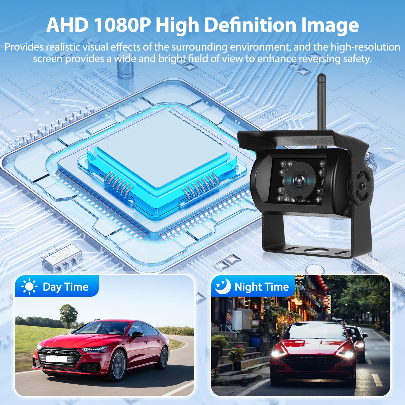 Cámara de reversa inalámbrica Motorsi de 7 Pulgadas, Pantalla HD 1080P, visión Nocturna e Impermeable IP68, Sistema de reversa para Autos, SUV, Furgonetas, camionetas y Camiones, visión Trasera BSD
