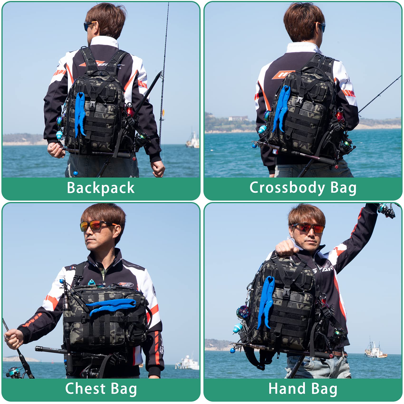 BLISSWILL Mochila de pesca con soporte para caña, bolsa de aparejos de pesca, bolsa de equipo de pesca, Large(16 * 12 * 6")-bosque Camo, Mochila