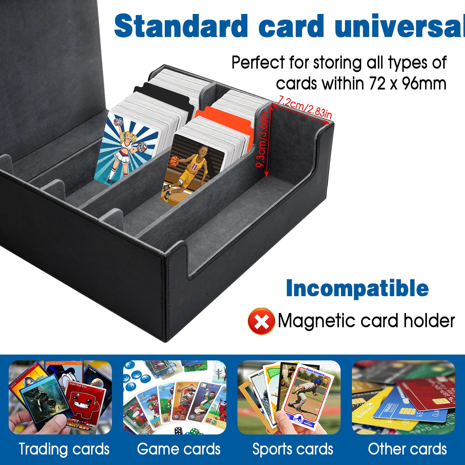 Dadabig Boîte à Cartes pour MTG, Boîte de Rangement pour Carte à Collectionner, Boîte à Cartes à Jouer avec 8 Séparateurs de Cartes pour Plus de 1800 Cartes, Deck Case Box Magnétique en Cuir(Noir)