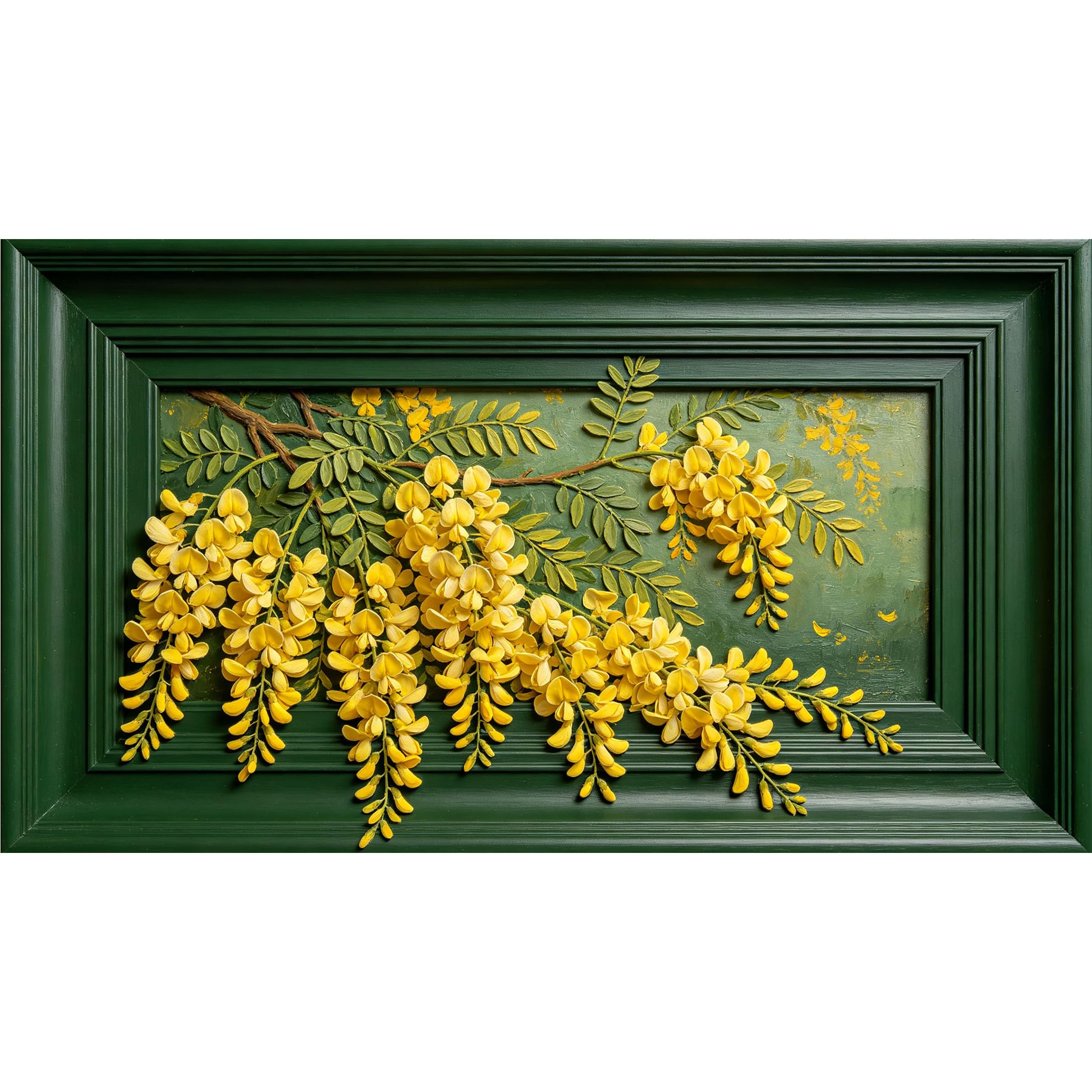 QZLITHOTIC 50x90cm3D Framed Wall Art， Botanical Yellow Wisteria Floral Branch Self‑Adhesive Mural， Water‑Activated Peel & Stick Fabric Decor Wall Decal for Bedroom Living Room