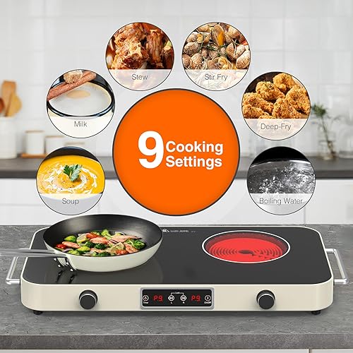 Miniatura 5 de GIHETKUT Cocina eléctrica, placa de inducción de 2200 W 110 V, 2 quemadores, estufa eléctrica con 2 asas, placa de cocción portátil 9 ajustes de