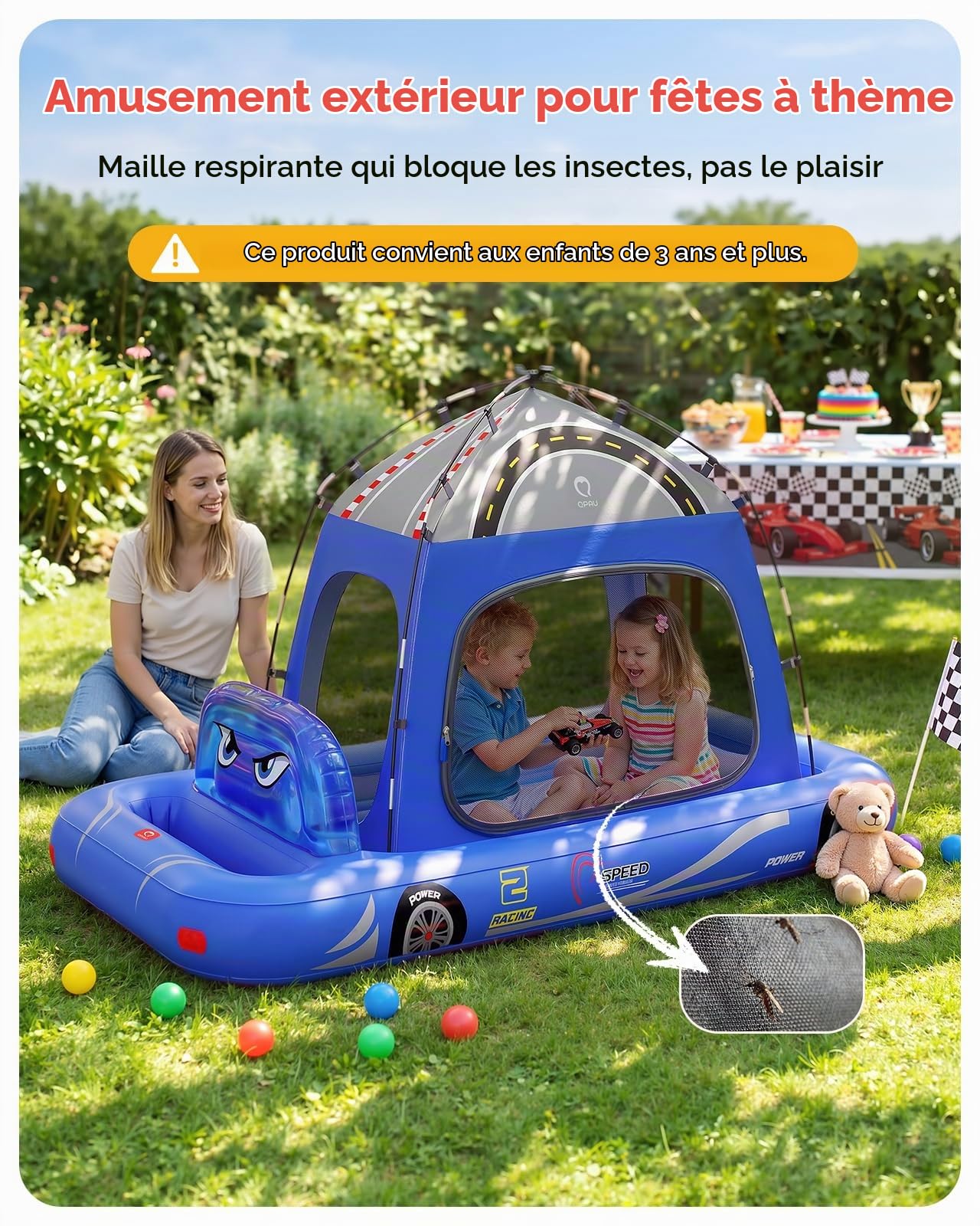QPAU Matelas gonflable pour enfants, motif tente de voiture de course, à partir de 3 ans, bleu
