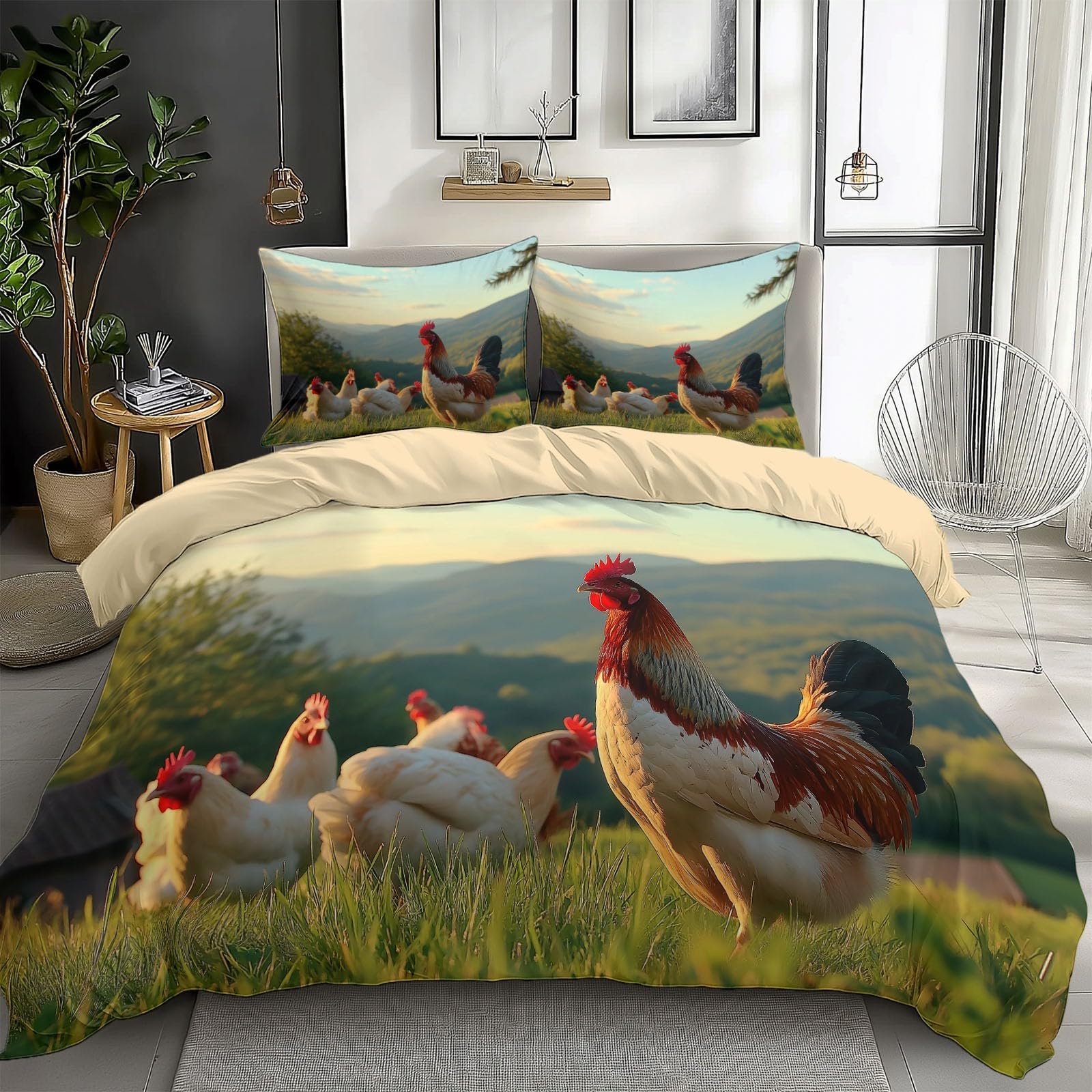Podwójny zestaw poszewek na kołdrę 260 x 220 cm (2 poszewki na poduszki 50 x 75) dwustronna poszwa na kołdrę z mikrofibry zielona, miękka kura, zwierzęta latające kogut poszewka na kołdrę w zestawie
