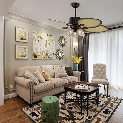 Miniatura 6 de Ventiladores de techo tropicales con luz de 52 pulgadas, hoja de palmera, aspas de madera, lámpara de araña con control remoto y cadena de tracción,