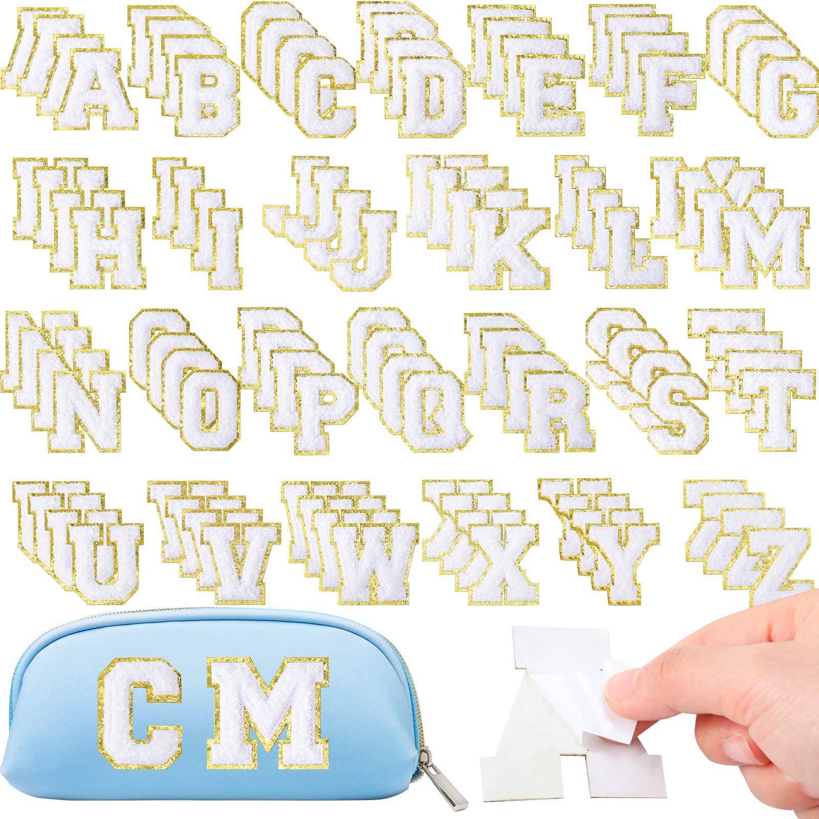 104 Pieces Self Adhesive Chenille Letter Patches Dupes Glitter Chenille Letter Patches Initial Patches for Clothing DIY Mobile Phone Backpacks Hat (White)