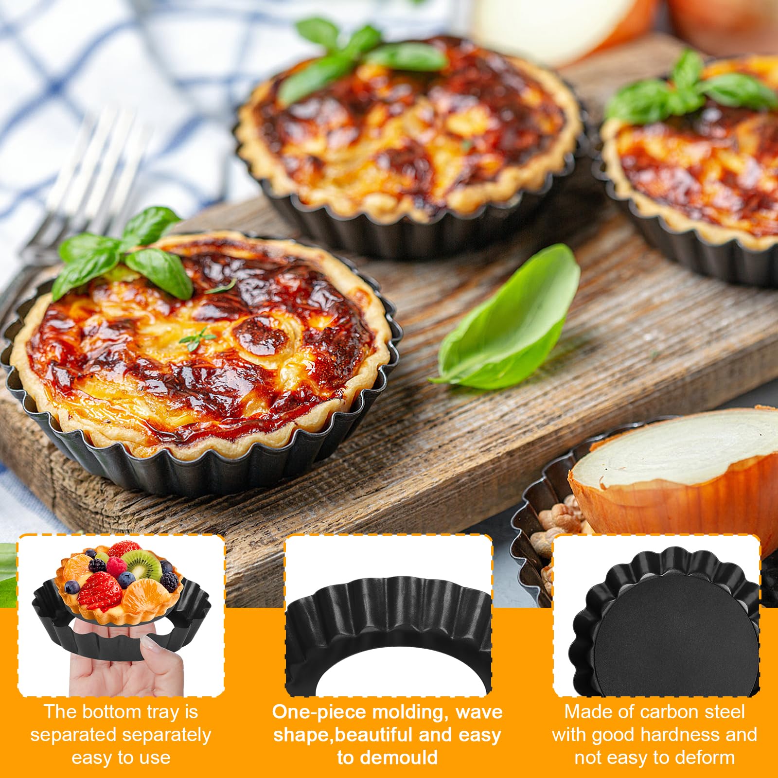 JOYBOY Moule à Tarte avec Fond Amovible,Moule à Tartelette,Moule Mini Tartelette,Moule à Quiche,Moule Tartelette,Moules Mini Quiche,Moules Tarte Quiche Ronde,pour Quiches,Tartelettes,Gâteau - 3