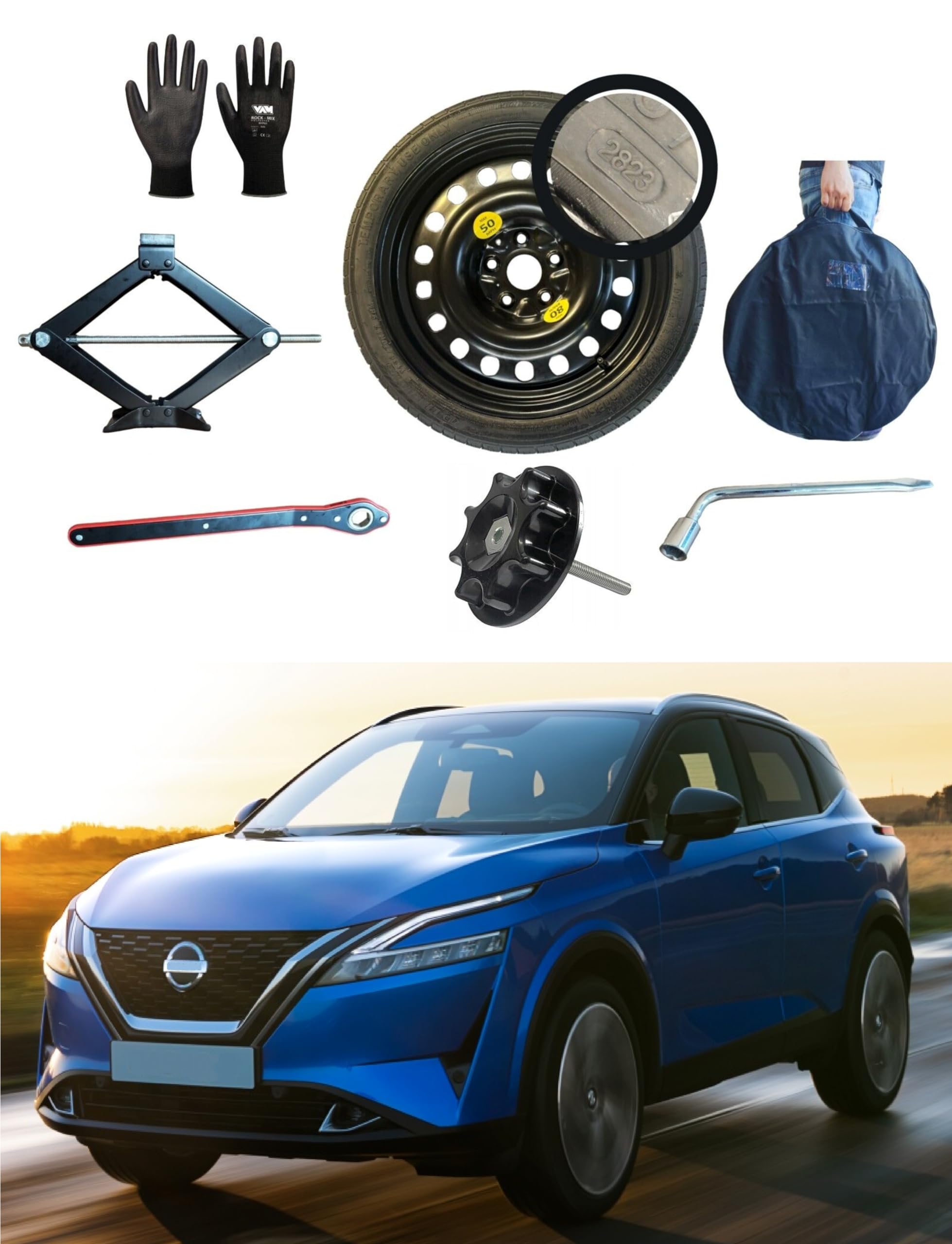 Kit rueda de repuesto 17"" compatible con Nissan Qashqai (2014>) con gata, llave, tornillo, guantes y funda 125/80R17