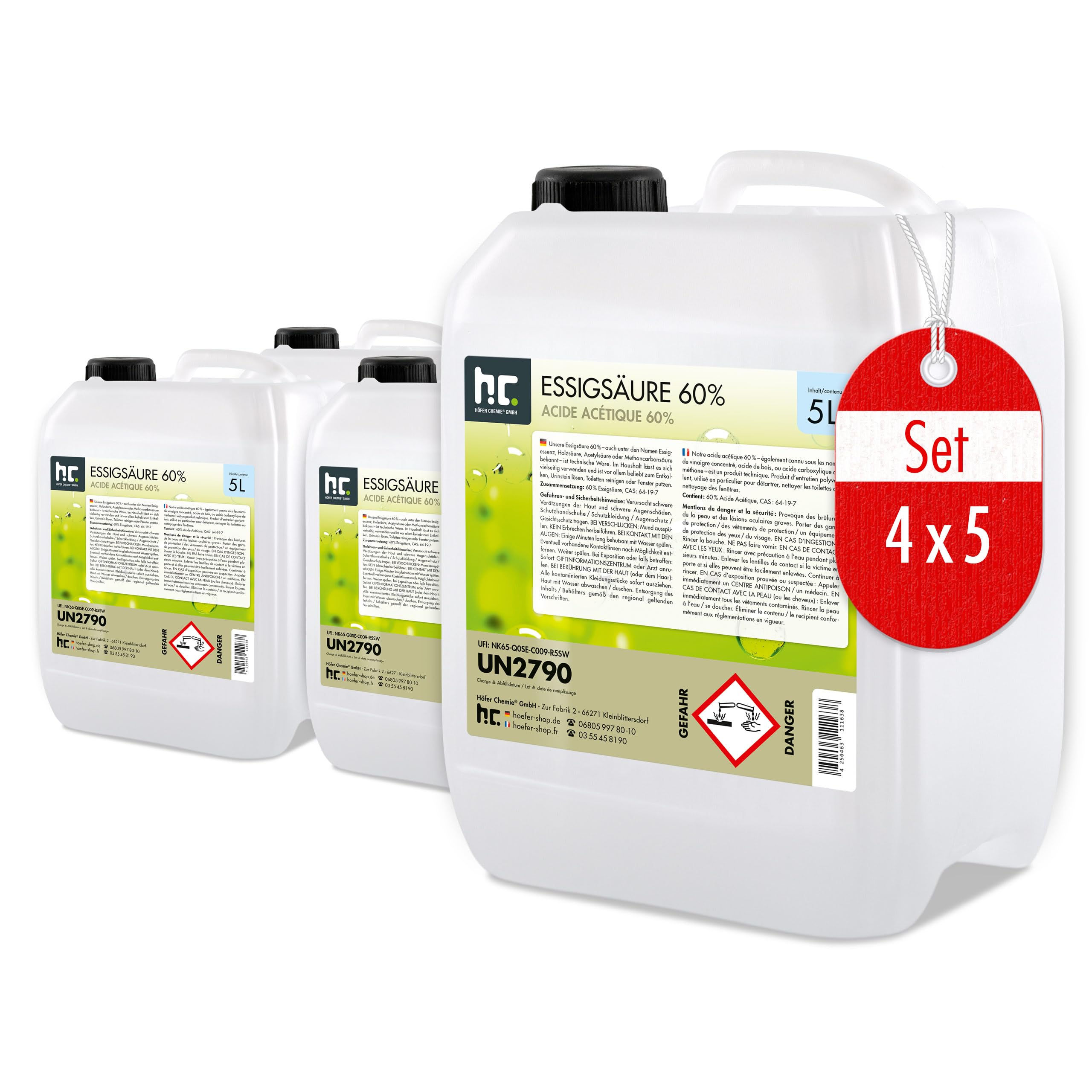 Essigsäure 60%, 4×5 L Packung – Höfer Chemie, Made in Germany