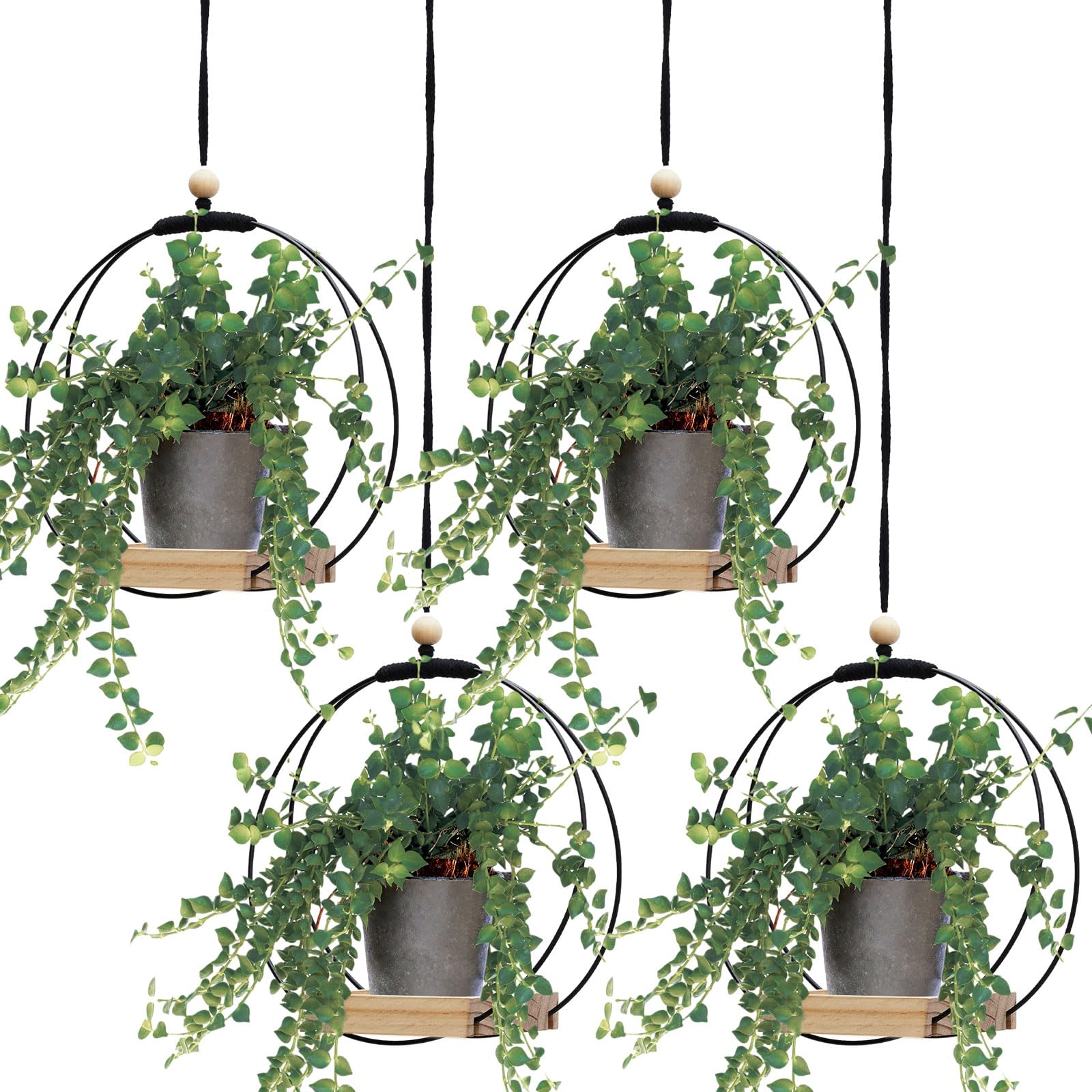 Geelin 4 Pack Plant Hanger with Wood Base Hanging Window Planter Boho Macrame Hanging Potted Plant Holders for Indoor Outdoor Window Wall Ceiling Home