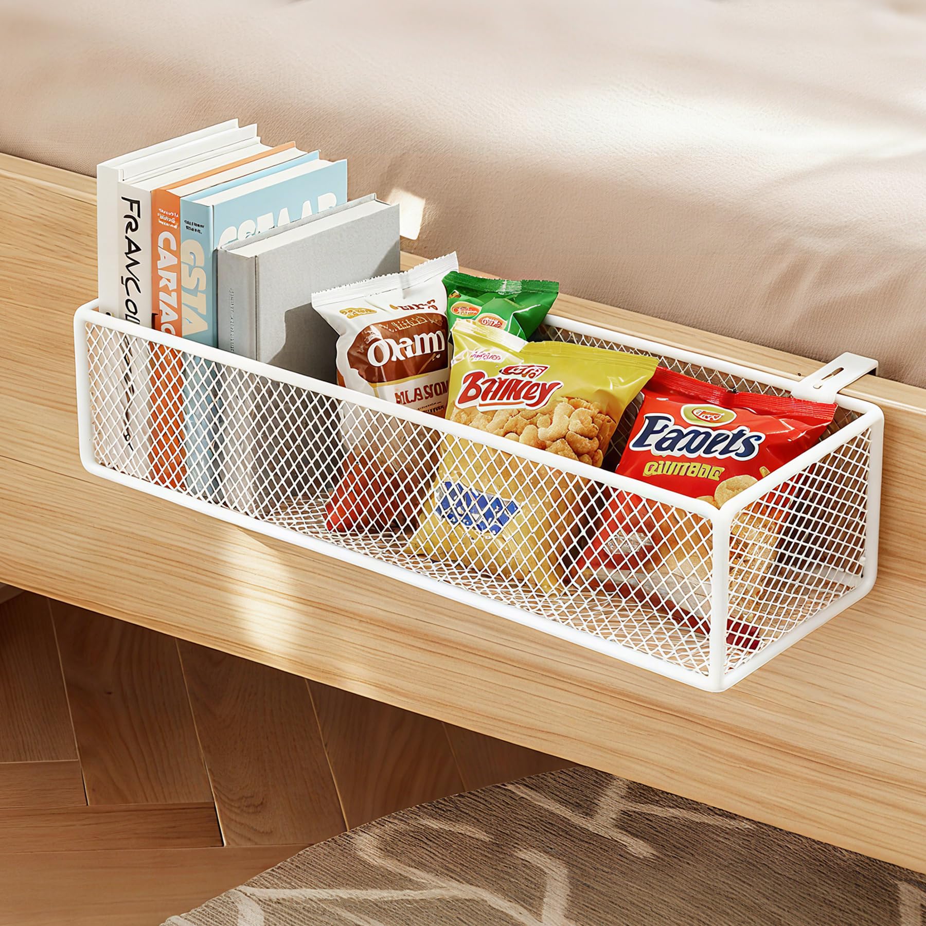 Vivikivi Bedside Hanging Storage Basket,Bunk Bed Shelf, White, 37x15x9cm