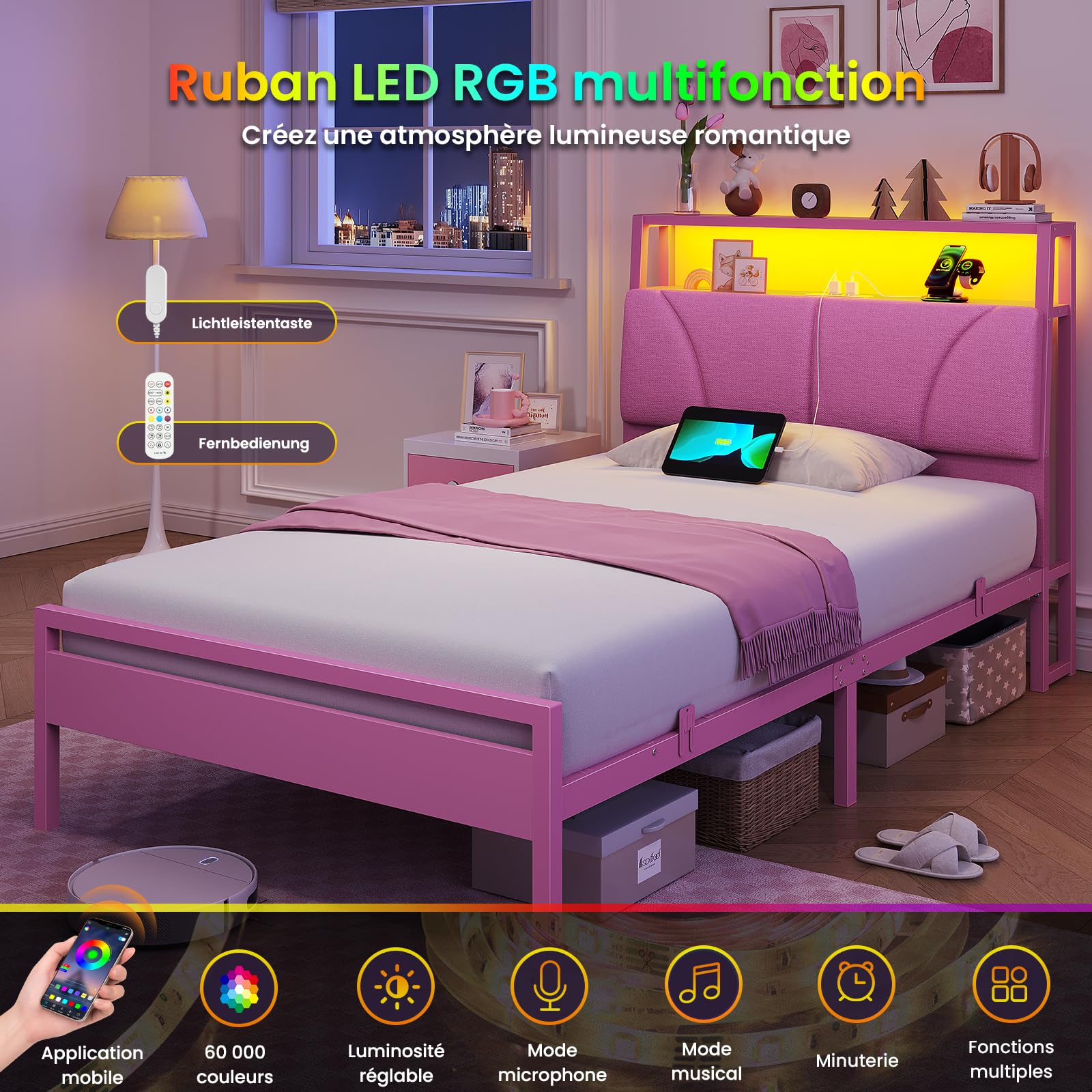 Brinlawb Lit Fille 90x190 cm avec Éclairage LED et Multiprise (2 Prises AC et 2 Ports USB) Cadre de Lit 90x190 avec Sommier Métal, Lit Enfant 90x190 cm, Facile à Assembler, Rose (Matelas Non Inclus)