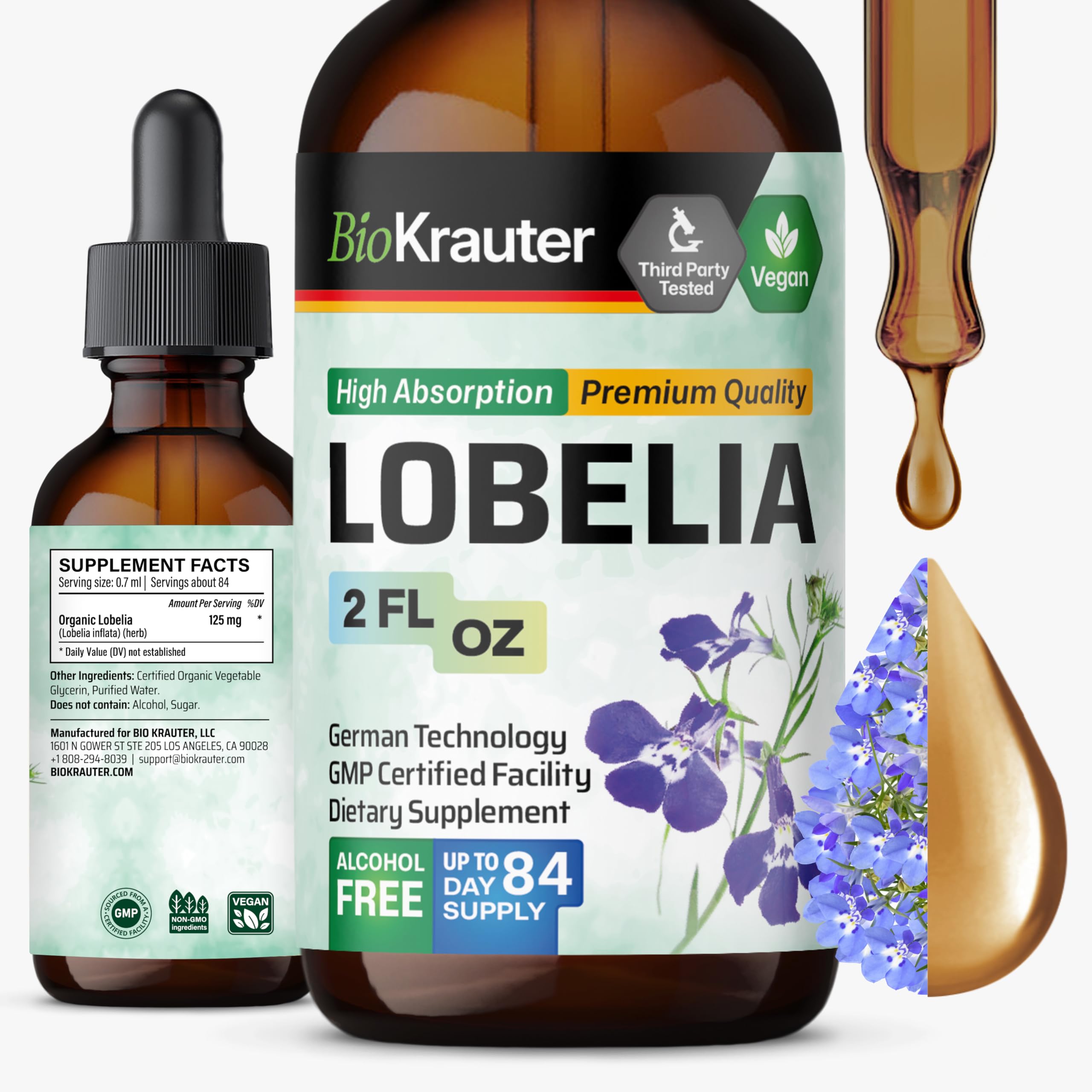 BIO KRAUTER Lobelia Tincture for Lung Cleanse & Detox - Pure Vegan Lobelia Herb Liquid Extract - 2 Fl.Oz. 84 Days of Supply - Respiratory Support Supplement - Alcohol & Sugar Free, Non-GMO