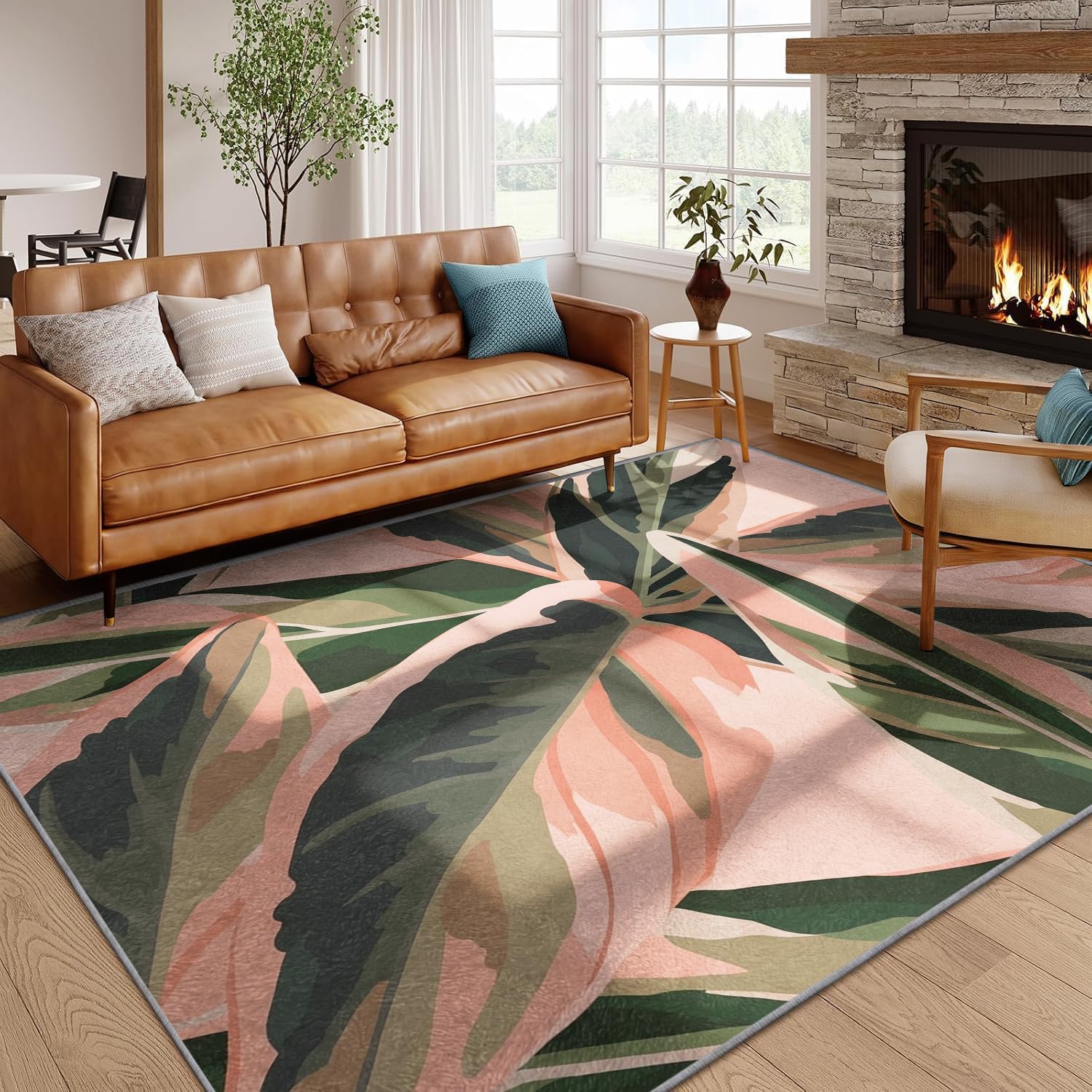 SMXVRC Nordic Tropical Leaf Area Rug, 120x180cm, Pink Green Banana Leaves Print Non-Shedding Machine Washable Mat, Anti-Slip Rug for Living Room