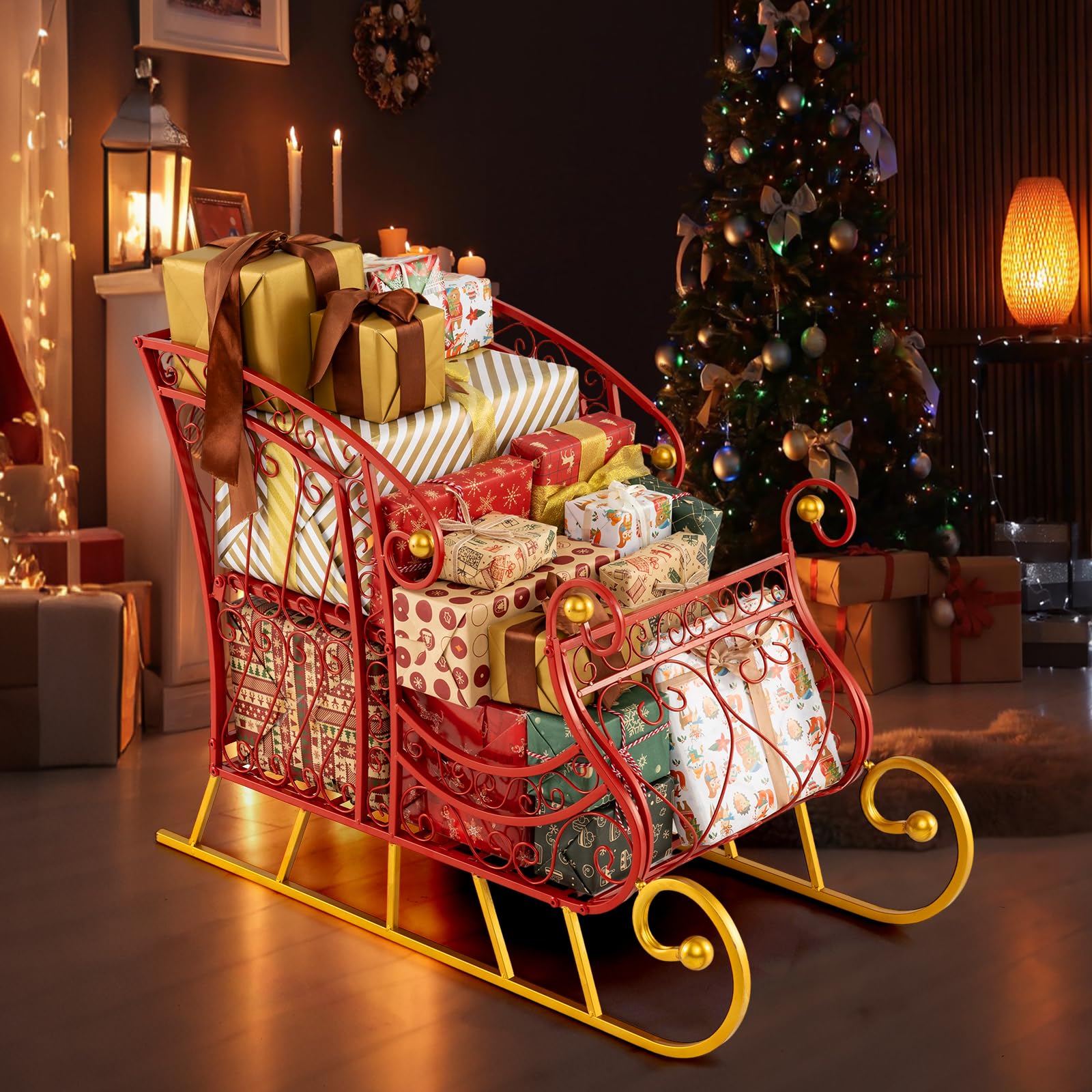 SOARS Decorazioni Natalizie, Slitta Natalizia in Metallo, Ampio Spazio per Regali di Natale, Giocattoli, Stabile, Addobbi Natalizi per Esterno Interno per Casa, Ufficio (85 X 42 X 61,5 CM)