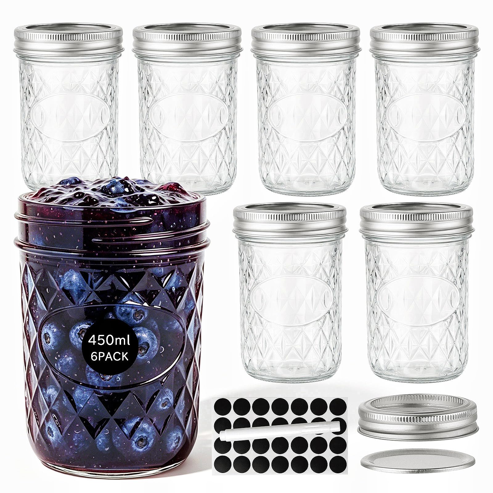OAMCEG 6 Pack 450ml Mason Jars with Lids - Airtight Regular Mouth Glass Jars with Silver Metal Lid, Includes Round Sticker Labels and Marker Pen for Pickling, Jam, Honey, Food Storage
