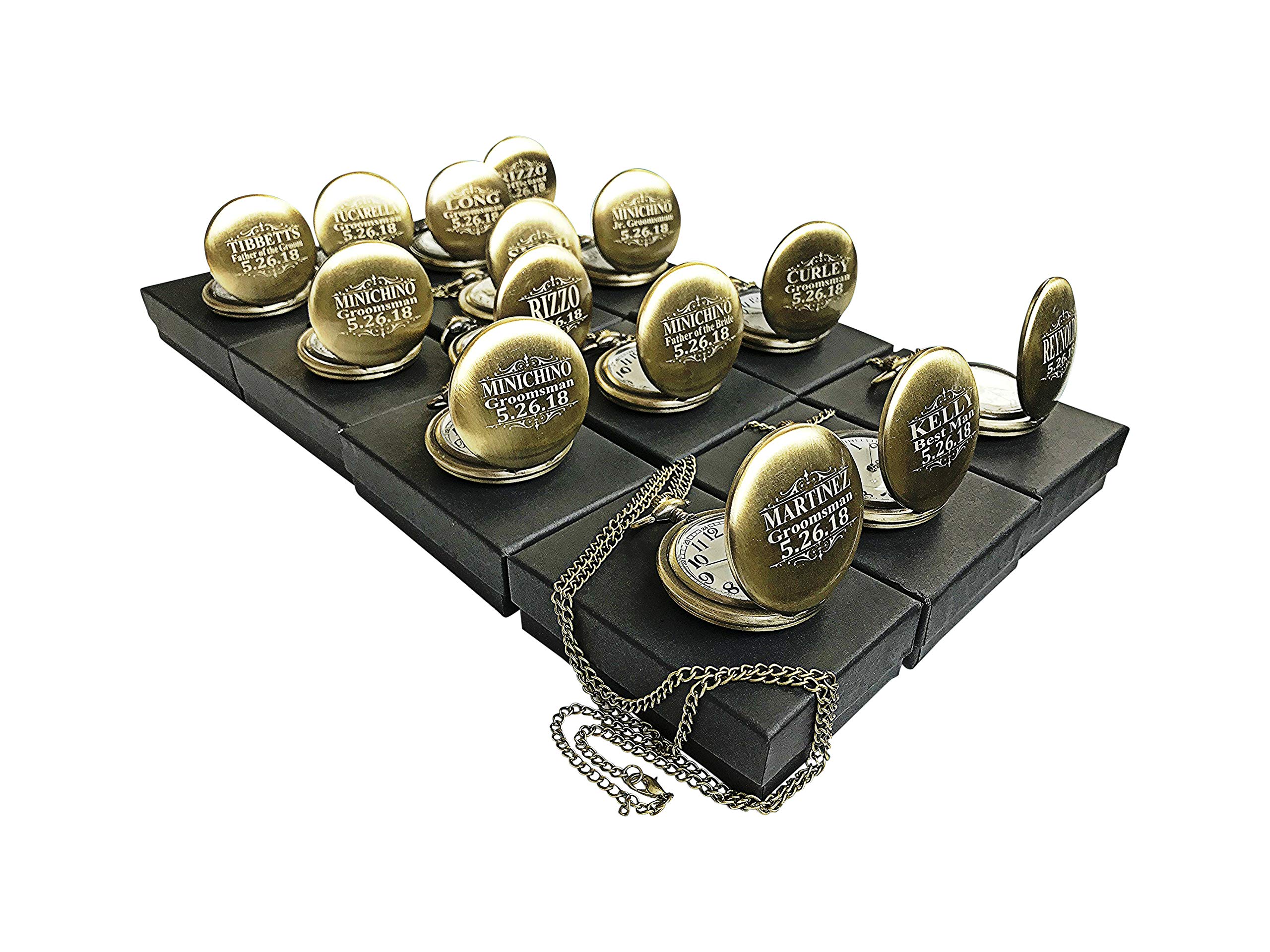 8 Personalized Pocket Watches, Set of 8 Groomsmen Wedding Unique Gifts, Chain, Box and Engraving Included, Comes in 4 Colors (Silver) (Gold Vintage) (Rose Gold) (Gold Vintage)