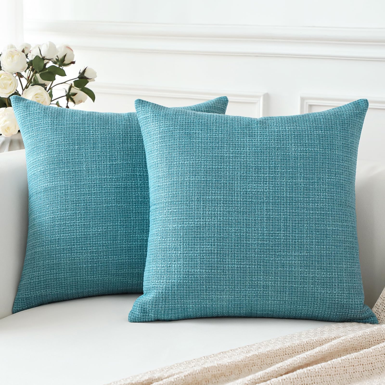 Artscope 2er Set Kissenbezug Einfarbig Wurfkissenbezug Leinen Kissenbezüge Moderne Dekokissen Kissenhülle Set Kissen Fall für Sofa Schlafzimmer Zuhause Dekor 50x50 cm Türkis