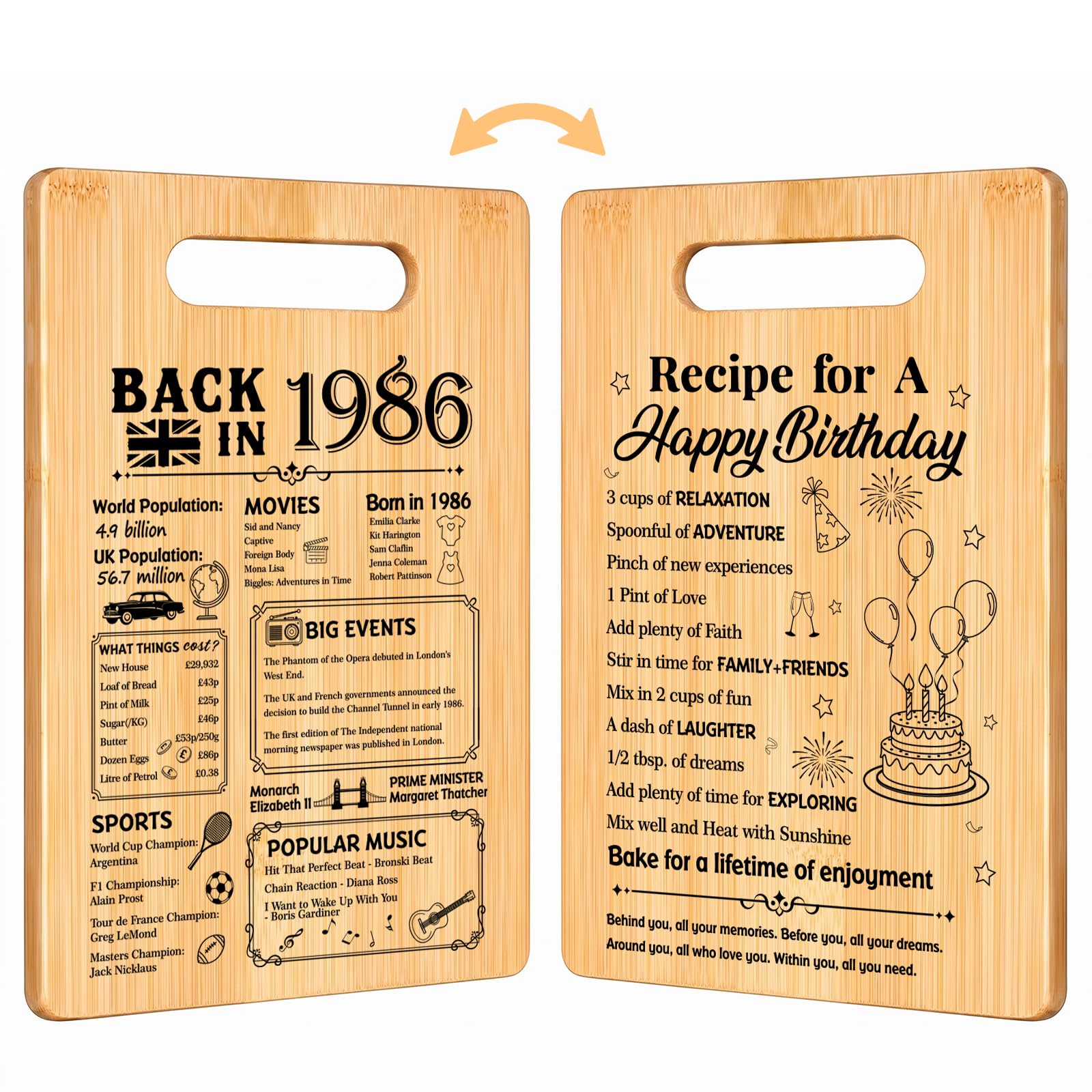 Giftota Back in 1986 Chopping Board – 40th Birthday Gift for Men & Women, Bamboo Cutting Board Double Sided with Card – Kitchen Birthday Present for Dad, Mum, Husband, Wife, Friend — image 1