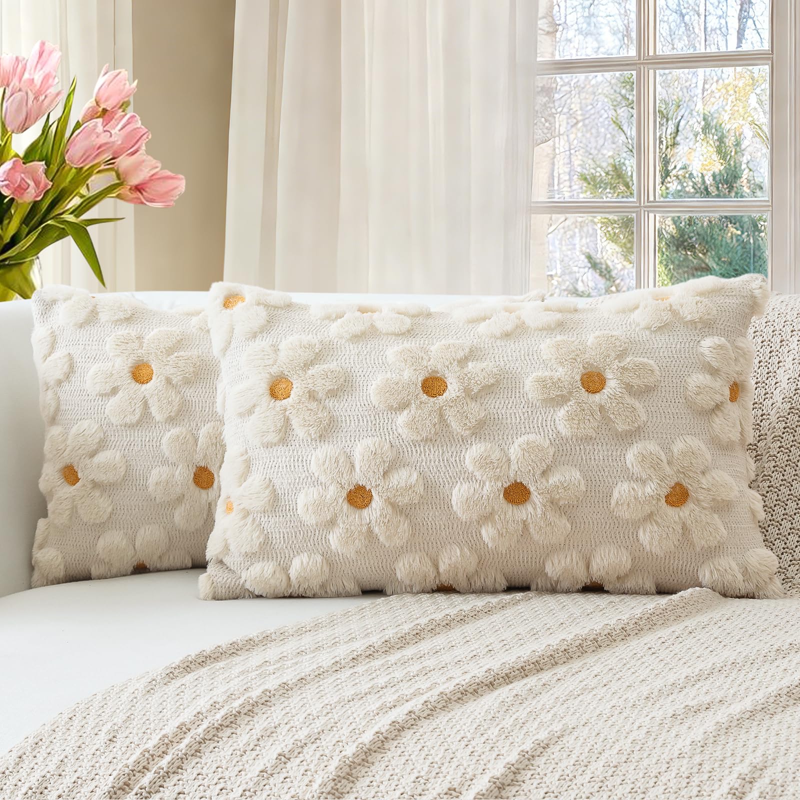 Artscope Spring Summer Cushion Covers Set of 2 Flowers Throw Pillow Covers for Sofa 30x50cm Lumbar Seasonal Soft Plush Short Wool Velvet Cushion Case Holiday Decor Cream Beige